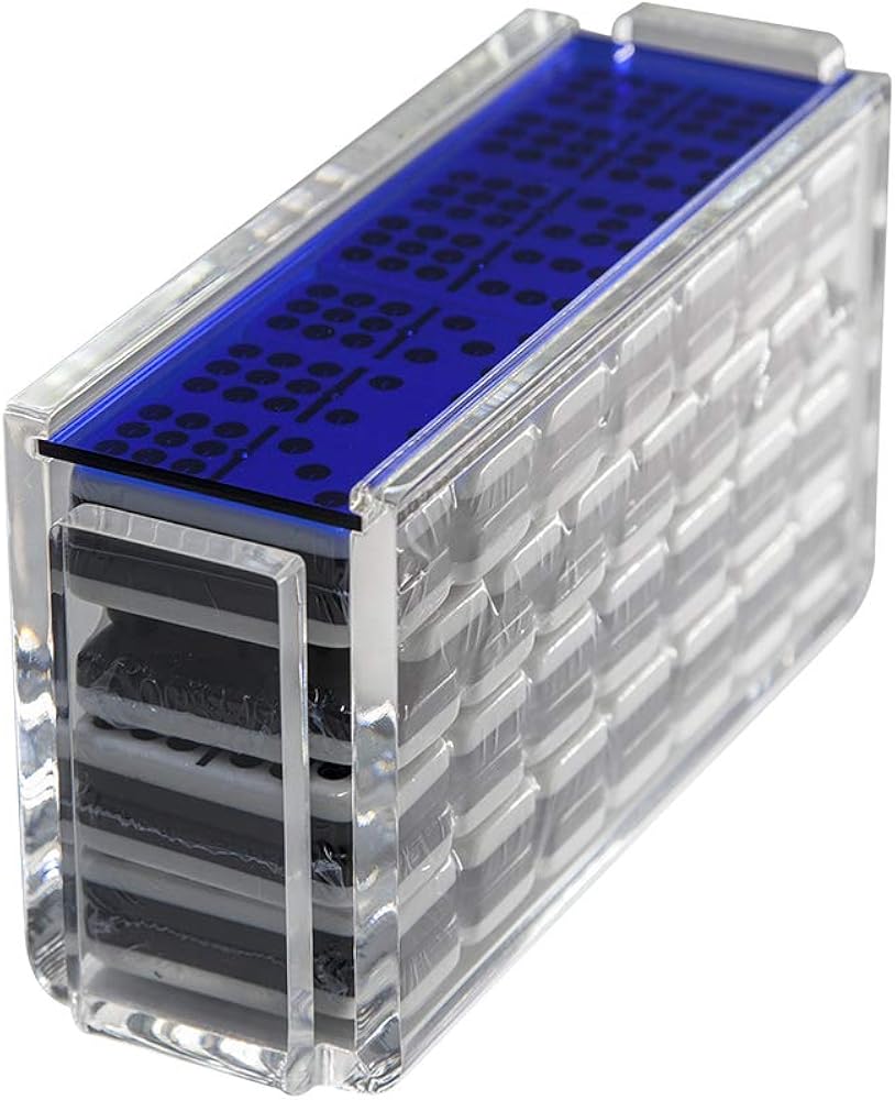 Modern Premium Set of Double 9 Domino Set with 55 Jumbo Size Two-Toned Black and White Dominoes with Black dots and Center Spinners in Deluxe Acrylic Case