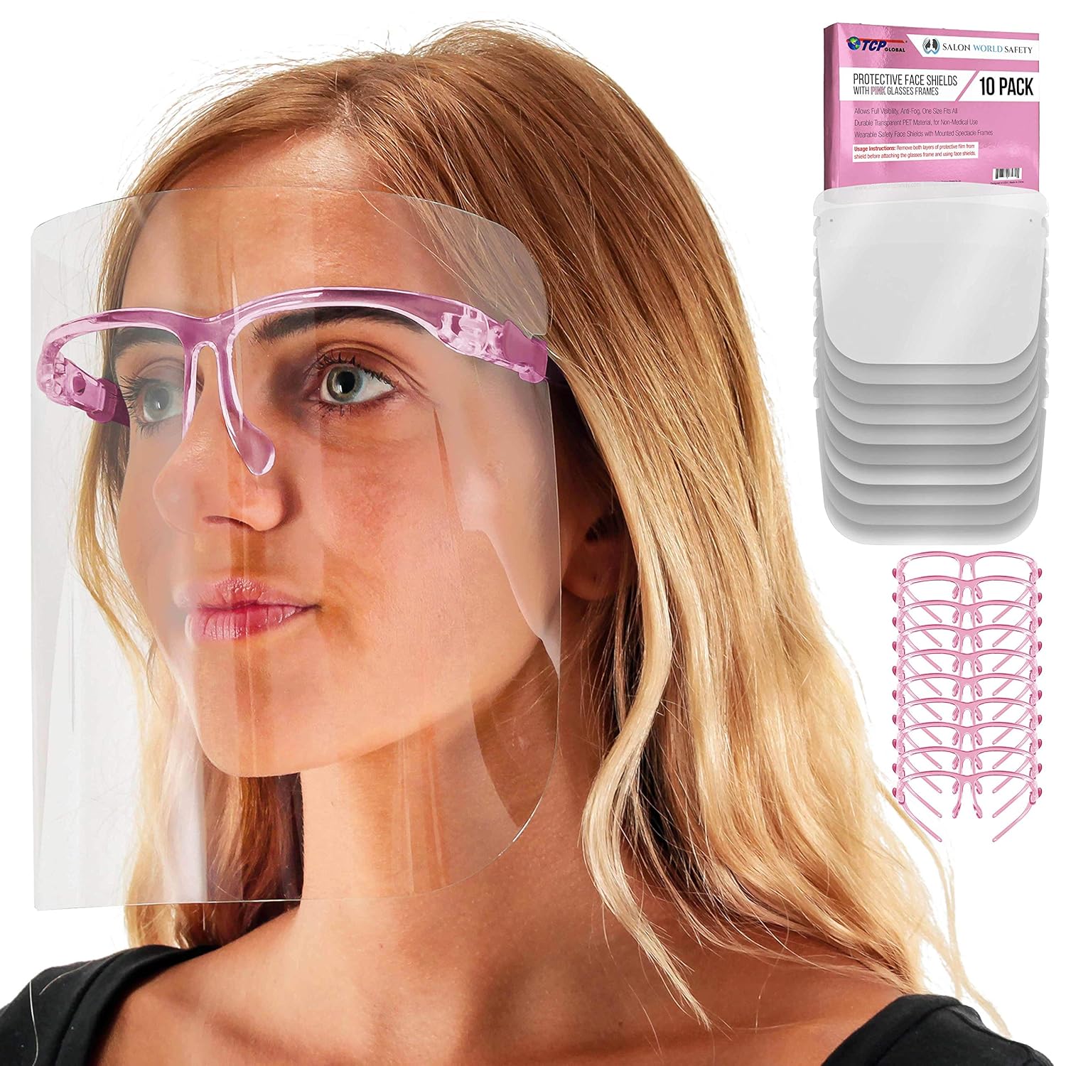 TCP Global Salon World Safety Face Shields with Pink Glasses Frames (Pack of 10) - Ultra Clear Protective Full Face Shields