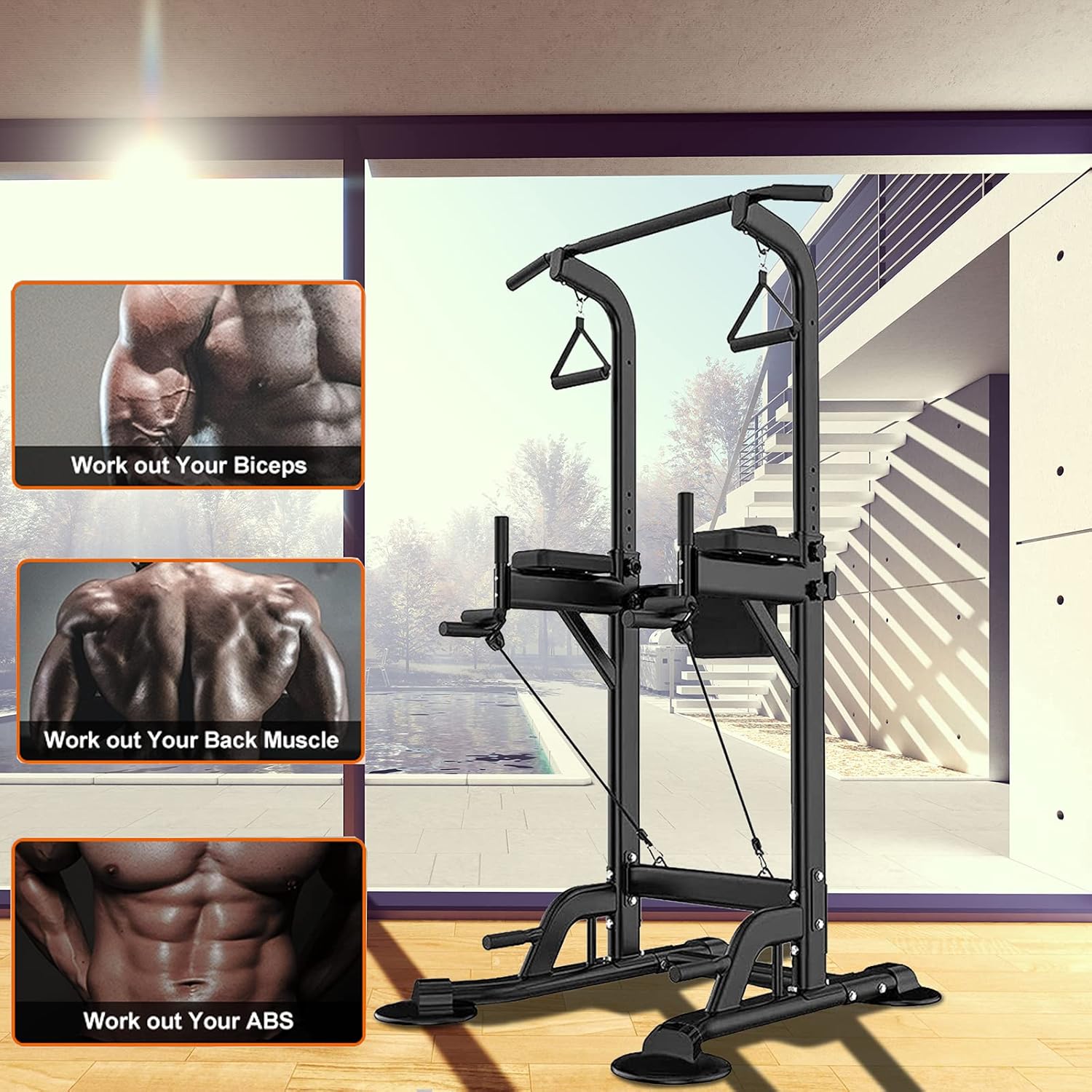 Power Tower Dip Station Pull Up Bar Exercise Tower Adjustable Pull Up Station Pull Up Tower Bar for Home Gym Multi-Function Strength Training Fitness Equipment with Backrest and Armrest 330LBS