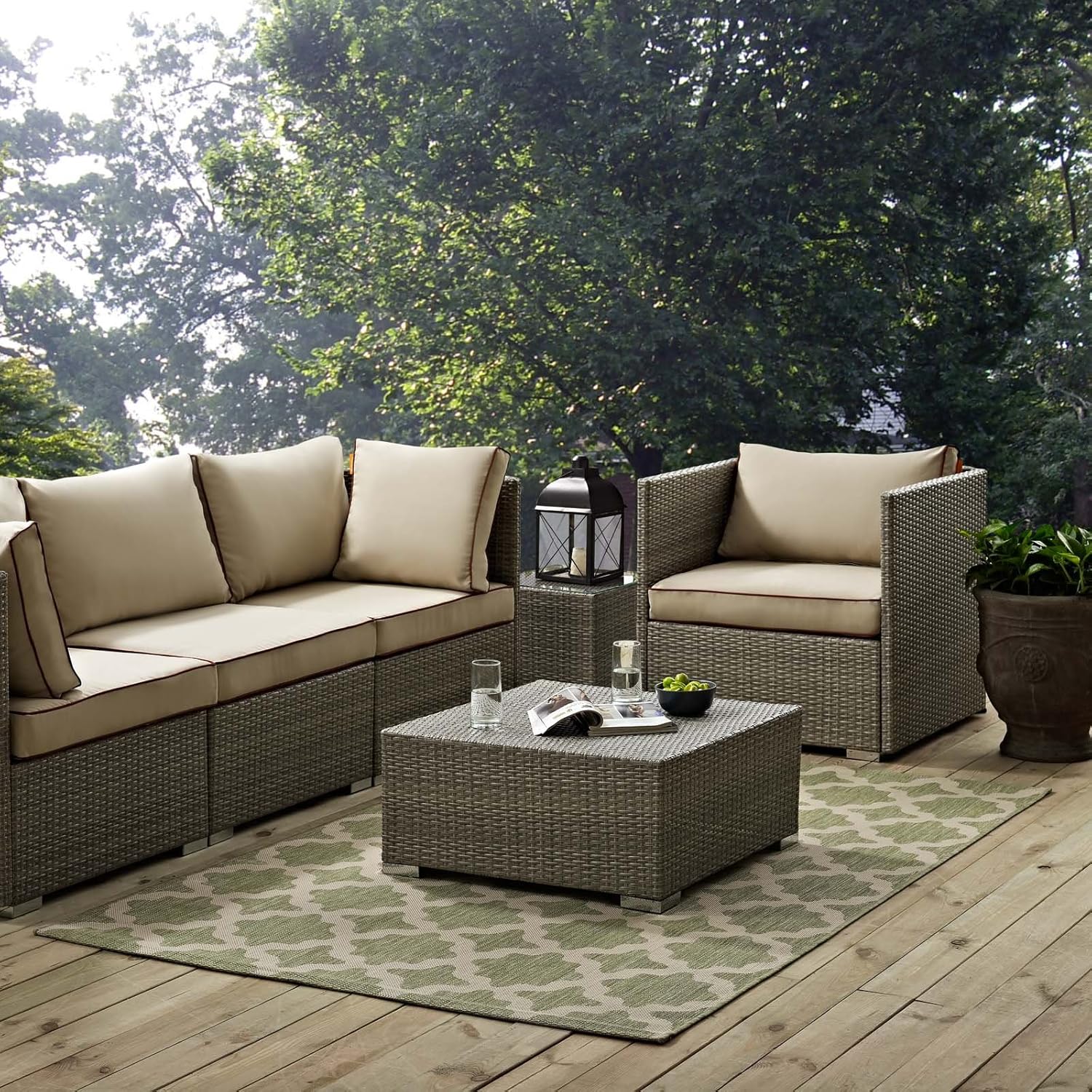 Modway Cerelia Moroccan Trellis 8x10 Indoor and Outdoor In Black and Beige