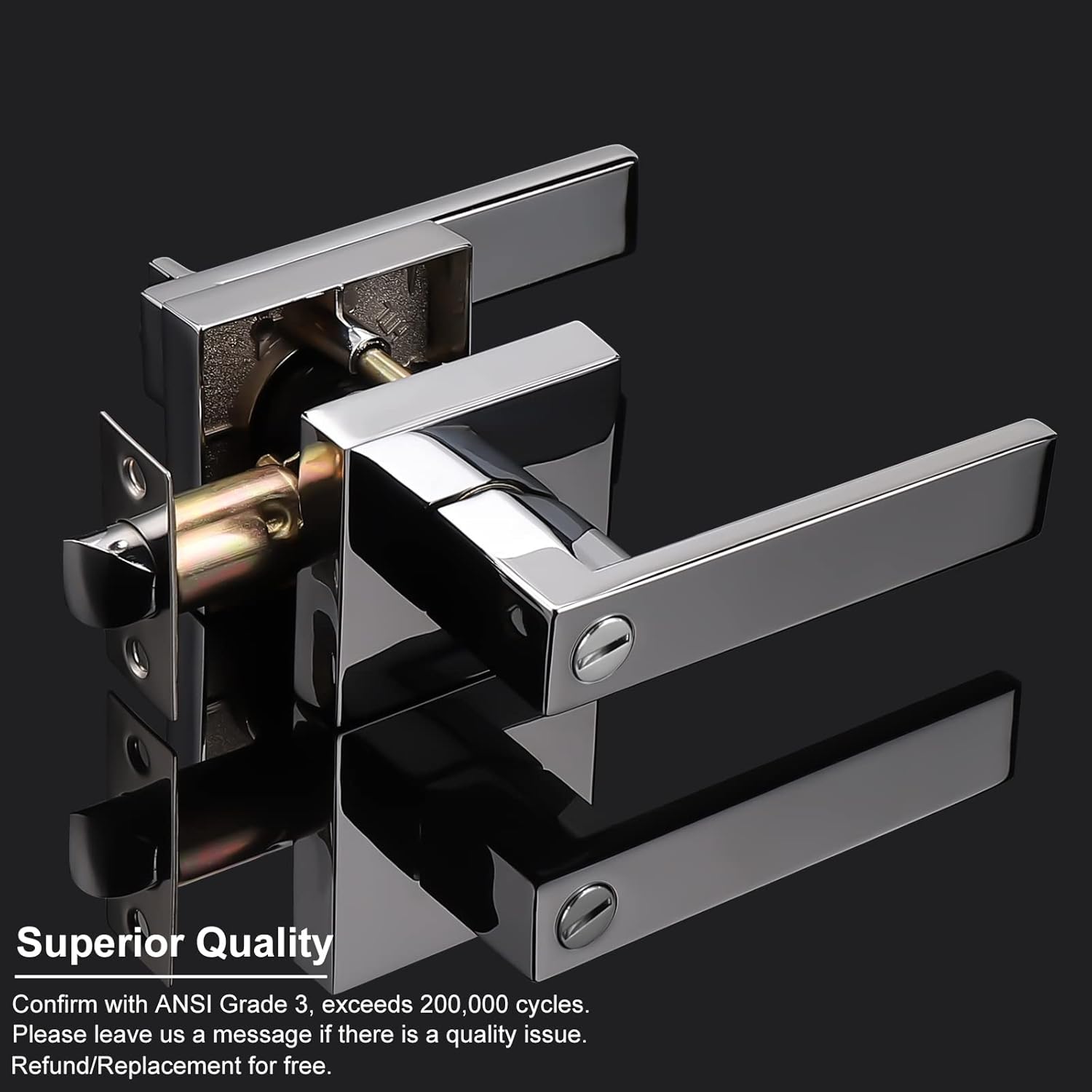 3 Pack Heavy Duty Privacy Door Levers Interior Door Handles in Polished Chrome, Square Keyless Door Handle Sets for Bedroom Bathroom