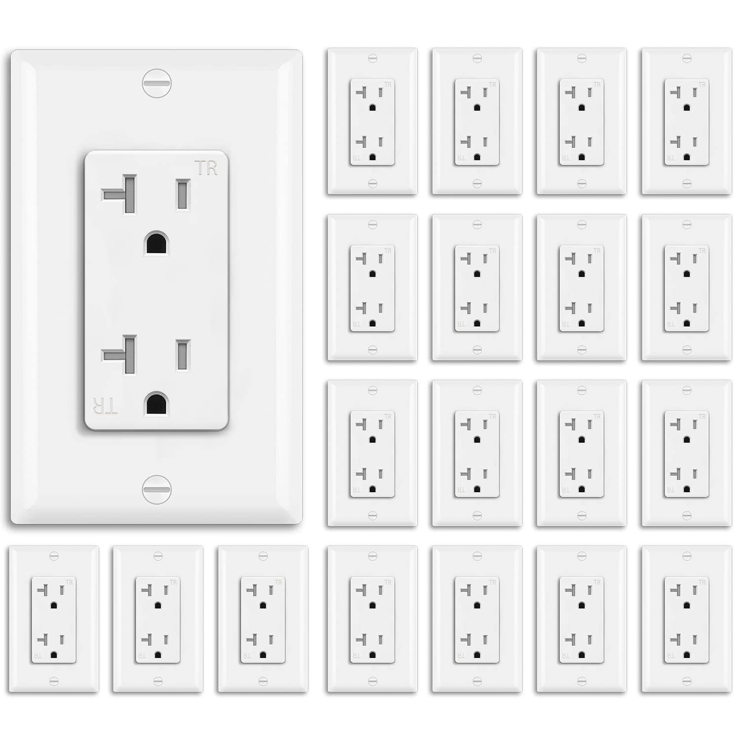 [20 Pack] BESTTEN 20 Amp Wall Receptacle Outlet, Tamper-Resistant (TR), 20A/125V/2500W, Wall Plate Included, Residential and Commercial Use, UL Listed, White