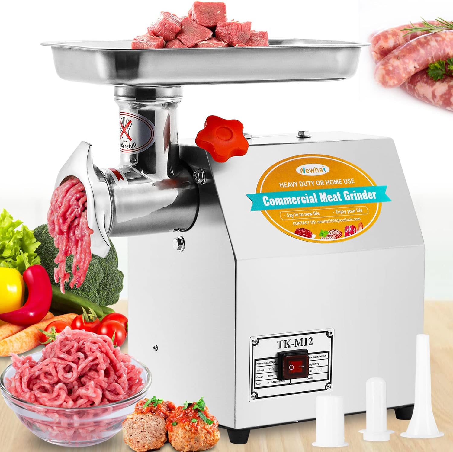 Newhai 1.2HP Commercial Meat Grinder, Electric Meat Grinding Machine, Heavy Duty Industrial Meat Mincer, Sausage Stuffer Grinding Plates Stuffing Tubes, Grinding Chicken Bones for Restaurant