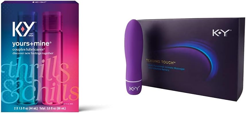 Lubricant for Him and Her, K-Y Yours & Mine Couples Lubricant, 3 fl oz with K-Y Teasing Touch Multi-Functional Intimate Massager, Discreet Packaging, 2 Whisper Pack of 2