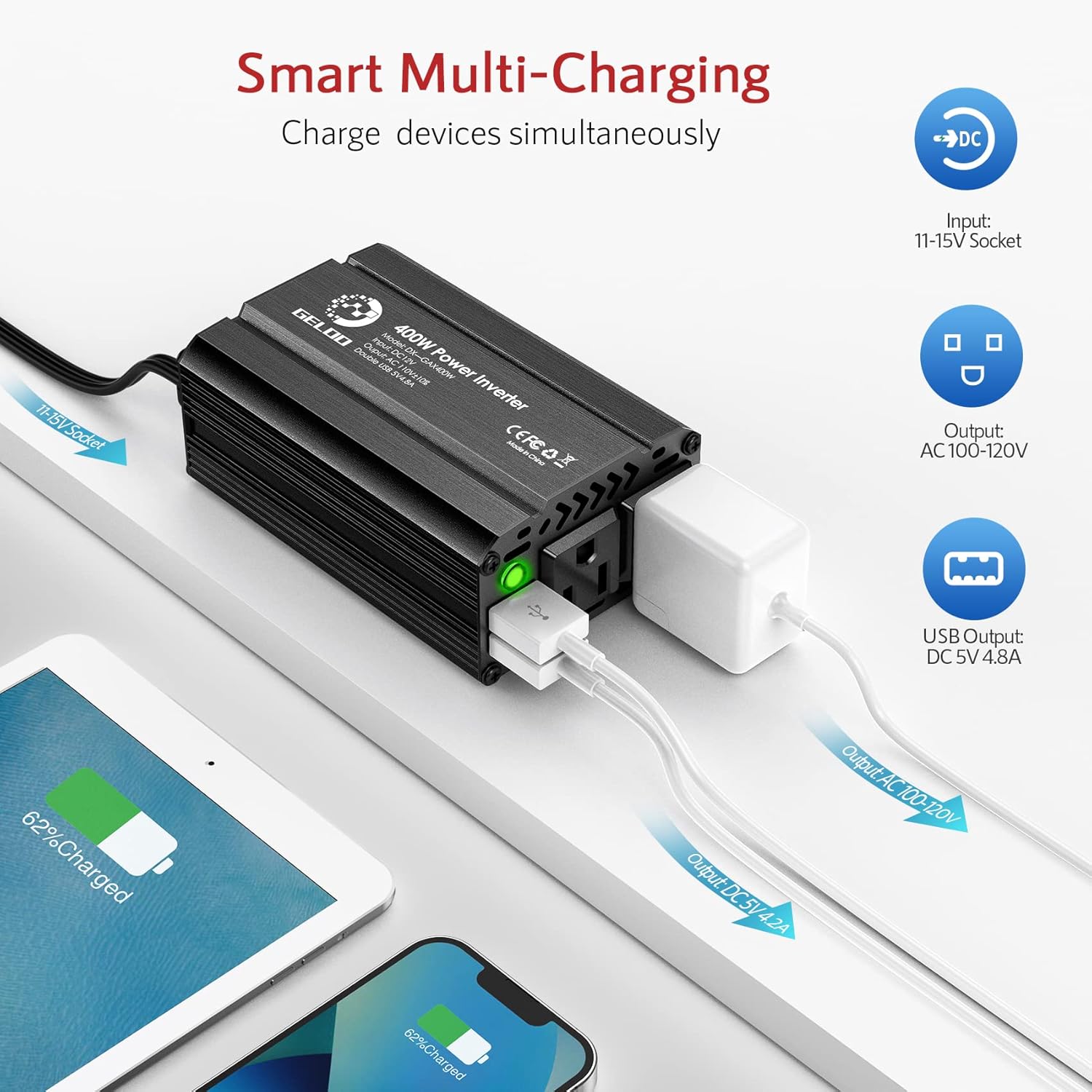 400W Power Inverter DC 12V to 110V AC Car Charger Converter with 4.8A Dual USB Ports and 2 AC Outlets Car Adapter (Black)