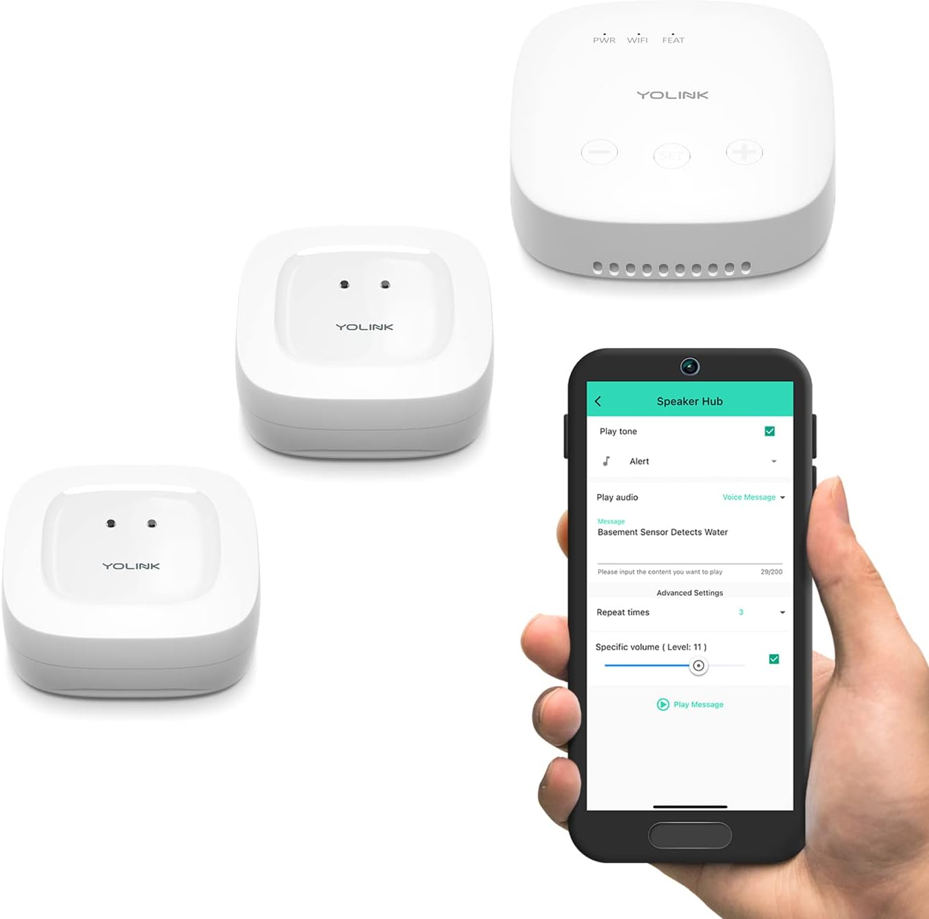 YoLink SpeakerHub & Two Water Leak Sensors Smart Home Starter Kit – Audio Hub Plays Tones/Sounds, Spoken Messages, LoRa-Powered ¼ Mile Range, Compatible with Alexa, Google, IFTTT, WiFi Required Pack of 2