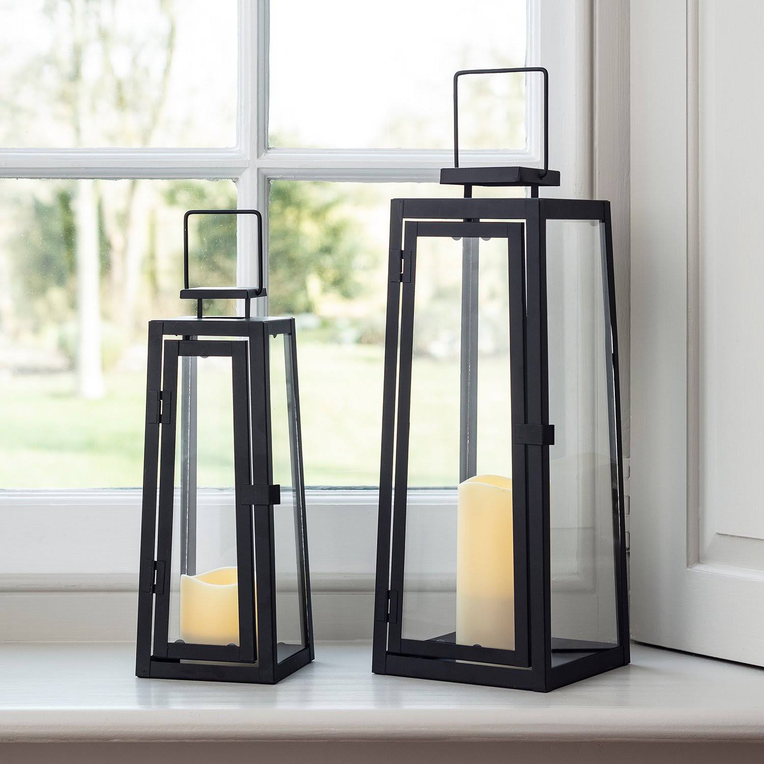 Lights4Fun Set of Two Black Metal Battery Operated LED Flameless Candle Lanterns