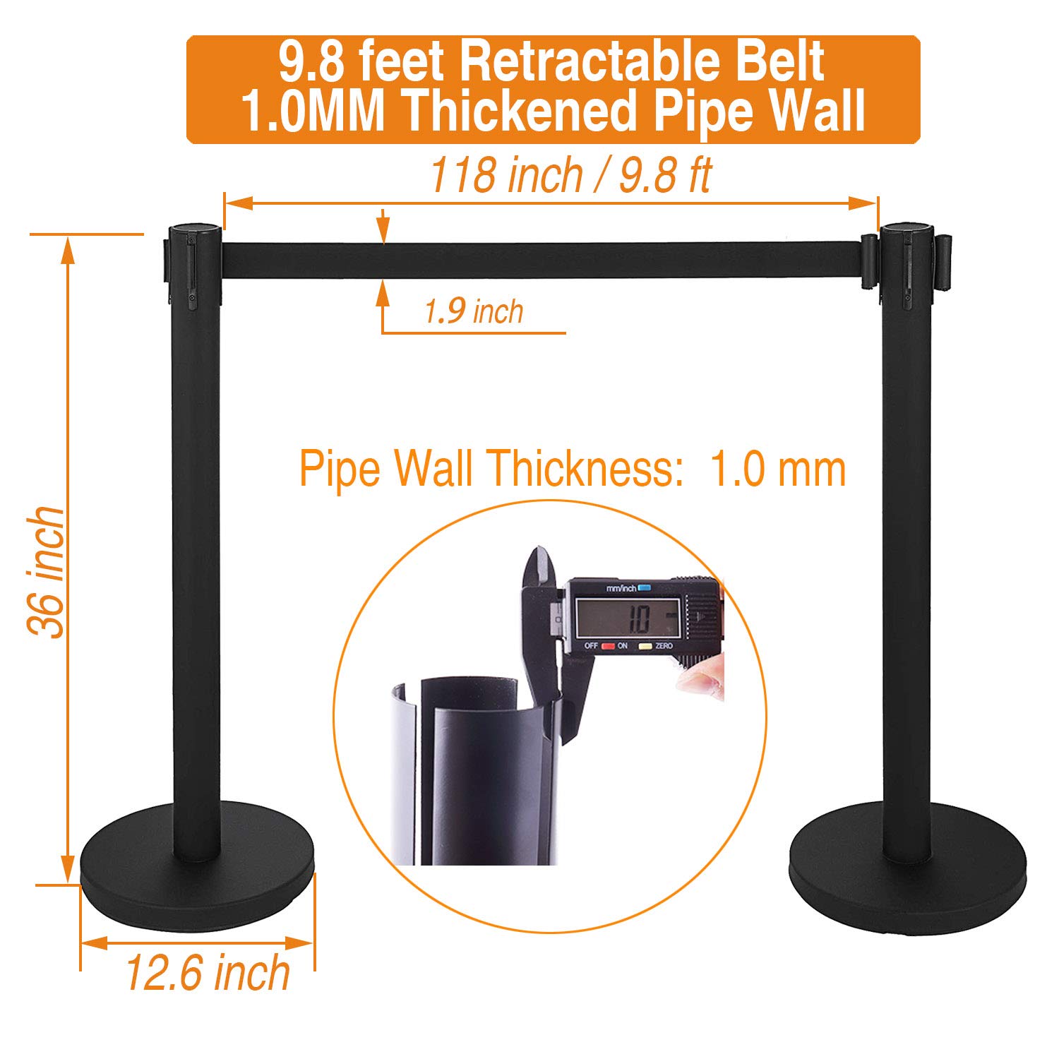 2 PCS Heavy Duty Steel Black Stanchion Post/Pole/Sign/Rope with 9.8 Foot Retractable Black Belt | Easy Assembly and Connect | Safety Locking Belt | 4-Way Connect | Crowd Control