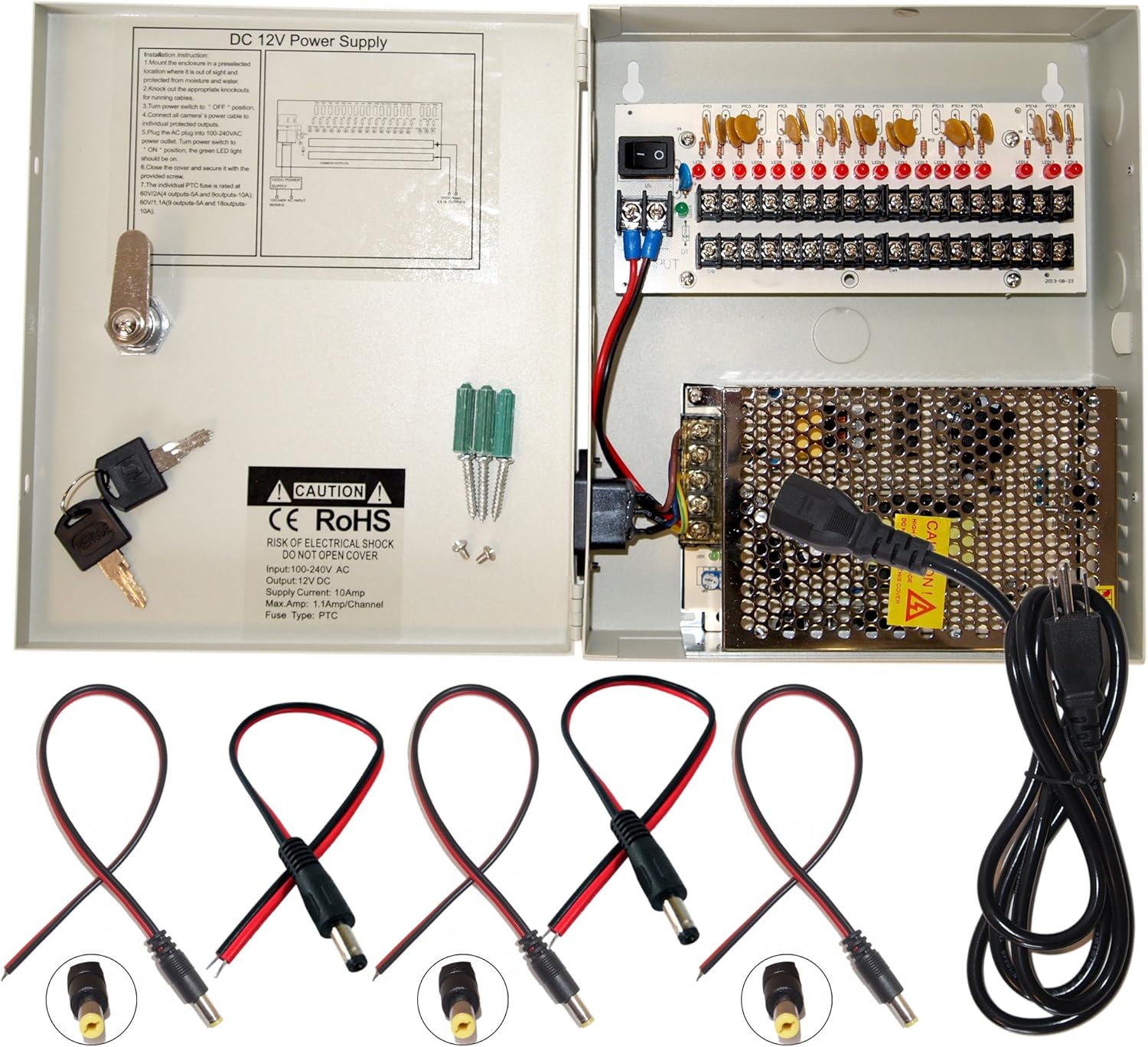 Evertech 16 Channel 12 Volt DC Output CCTV Distributed Power Supply Box for Security Camera with 18 Pcs. DC Male Pigtail Pack of 2
