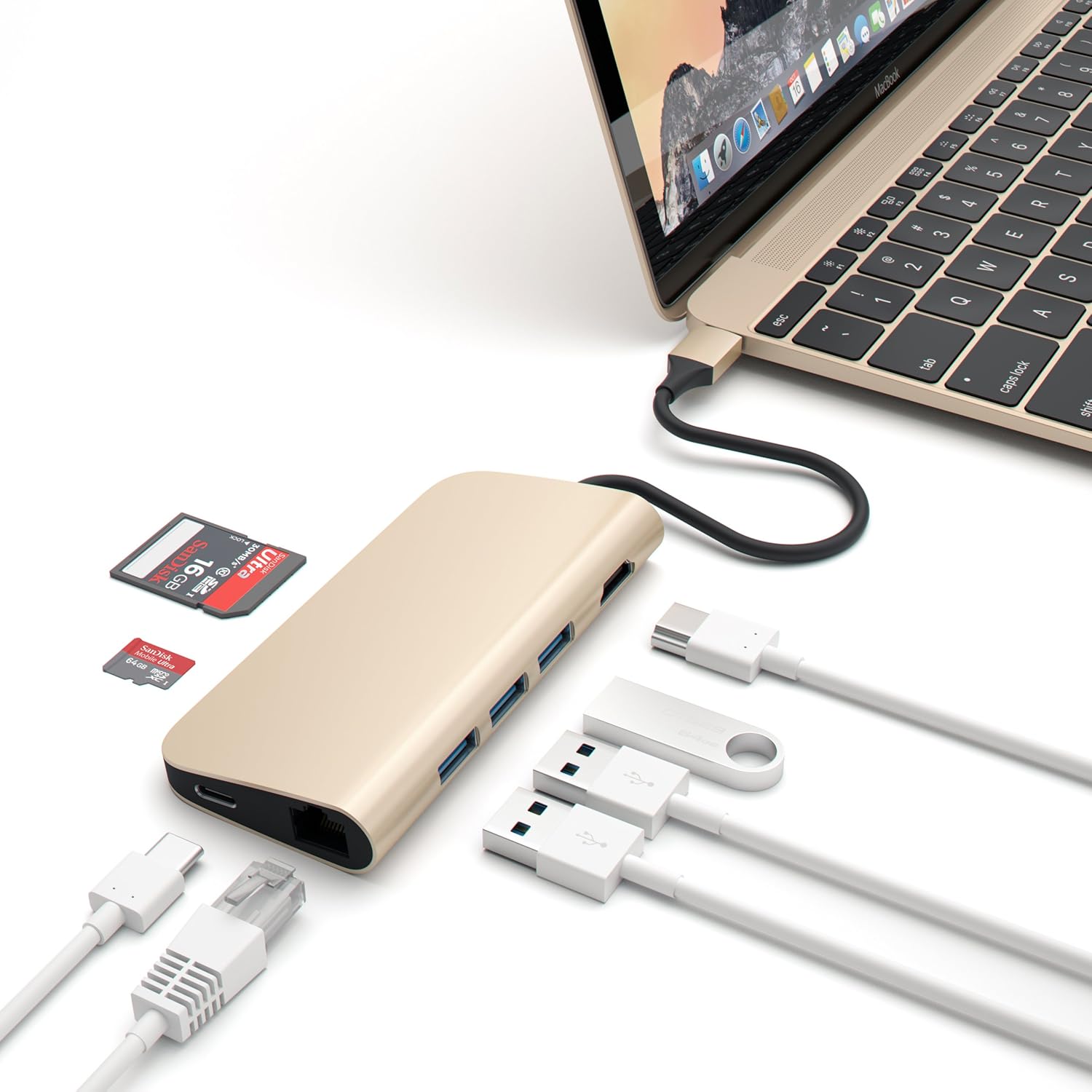 Satechi Aluminum Multi-Port Adapter 4K HDMI, USB-C Pass Through, Gigabit Ethernet, SD/Micro Card Readers, USB 3.0 - Compatible with 2020 MacBook Pro, 2020 MacBook Air, 2020 iPad Pro (Gold)