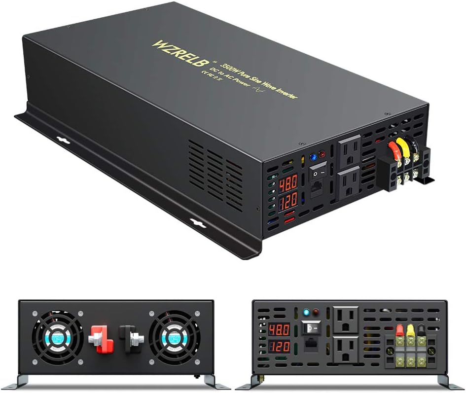 WZRELB Power Inverter Pure Sine Wave 3500Watt 48V DC to 110V 120V AC with Remote Control,Dual US Outlets for RV Car Solar System