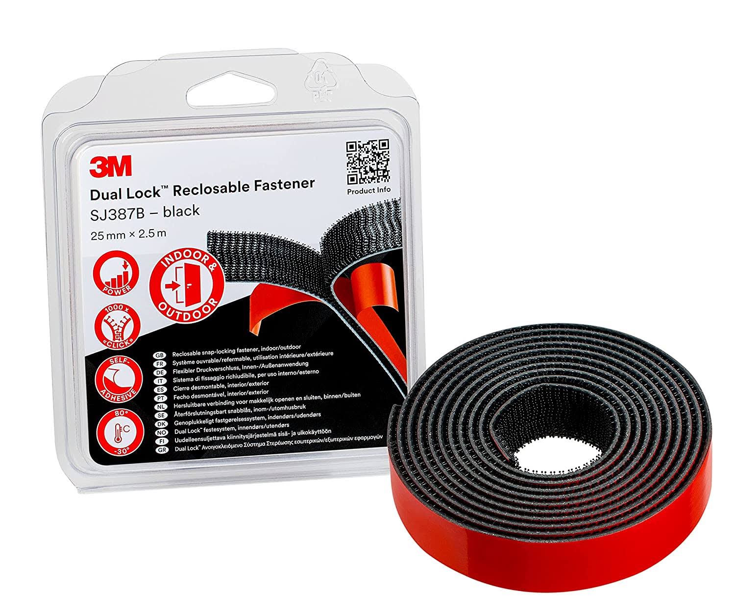 3M SJ387B Dual Lock Reclosable Fastener, 25 mm x 2.5 M, Black