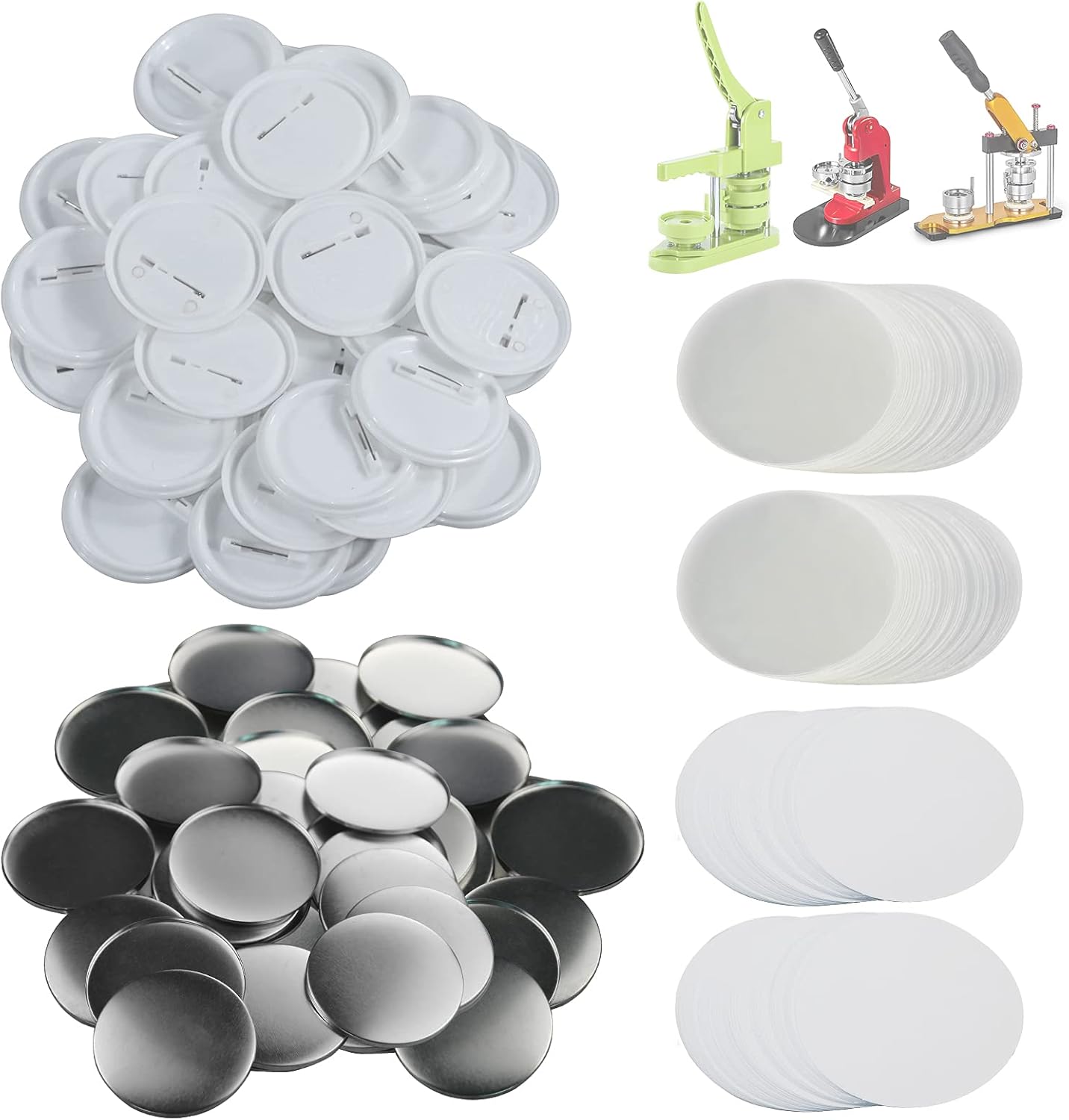 Happizza 200 Sets 58mm(2.25 in) Blank Pin Back Button Parts for Button Maker Machine 58mm, Round Badge Making Supplies, Includes Metal Cover, Plastic Button Back Cover, Clear Film&Blank Paper