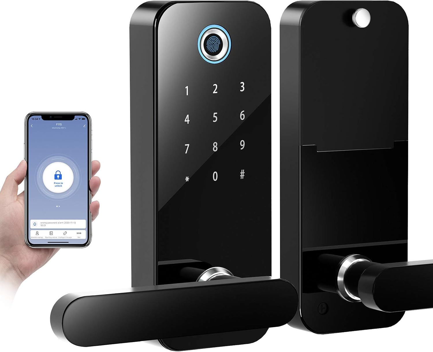 COOLOUS Fingerprint Lock with Bluetooth Tuya Smart App,Stainless Steel Door Lock Touchscreen Keypad Keyless Smart Lock Electronic Entry Lock with Reversible Lever Locking for Home Office Door Pack of 2