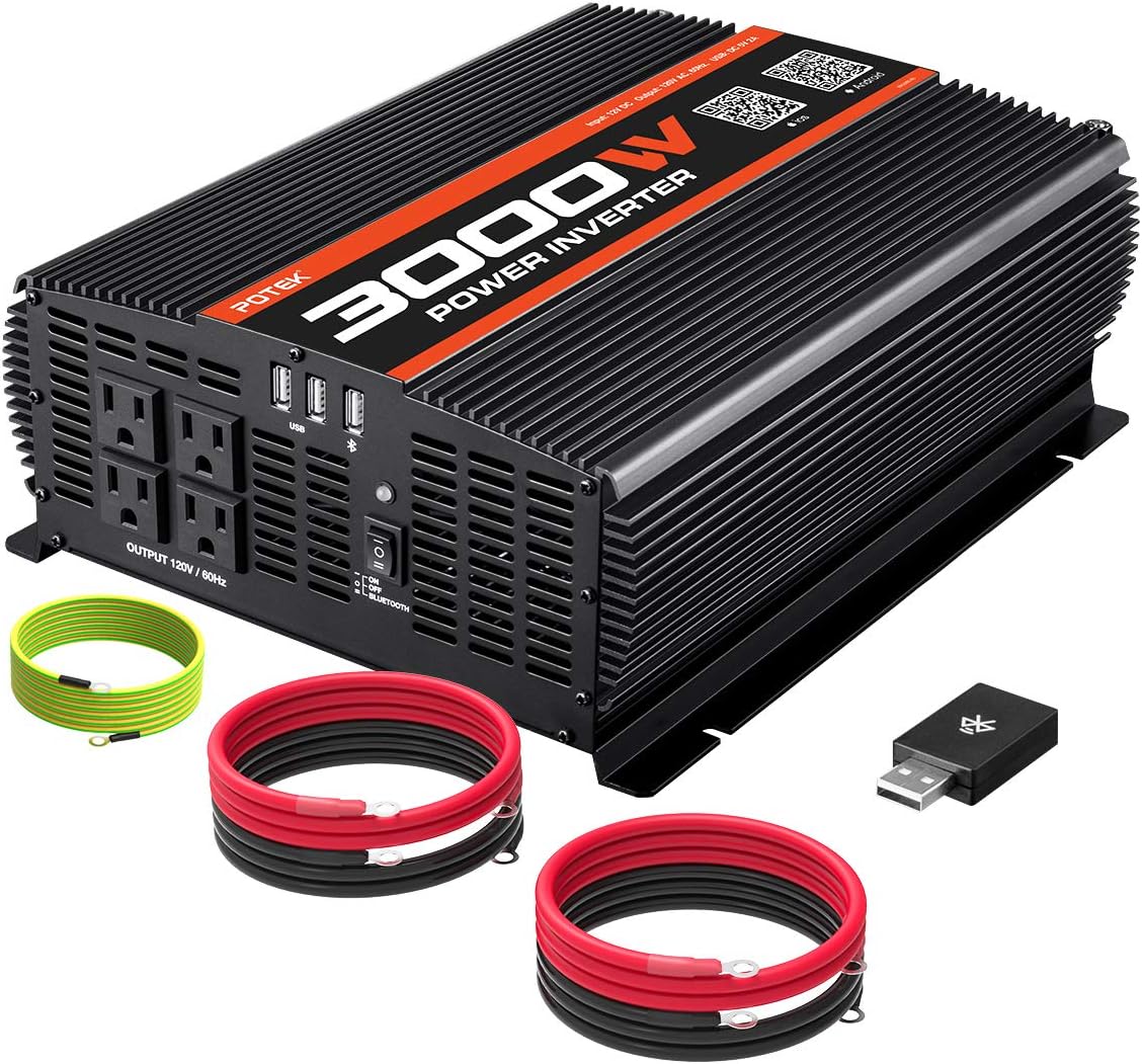 POTEK 3000W Power Inverter 4 AC Outlets DC 12V to 110V AC Car Inverter with 2 USB Port and Bluetooth