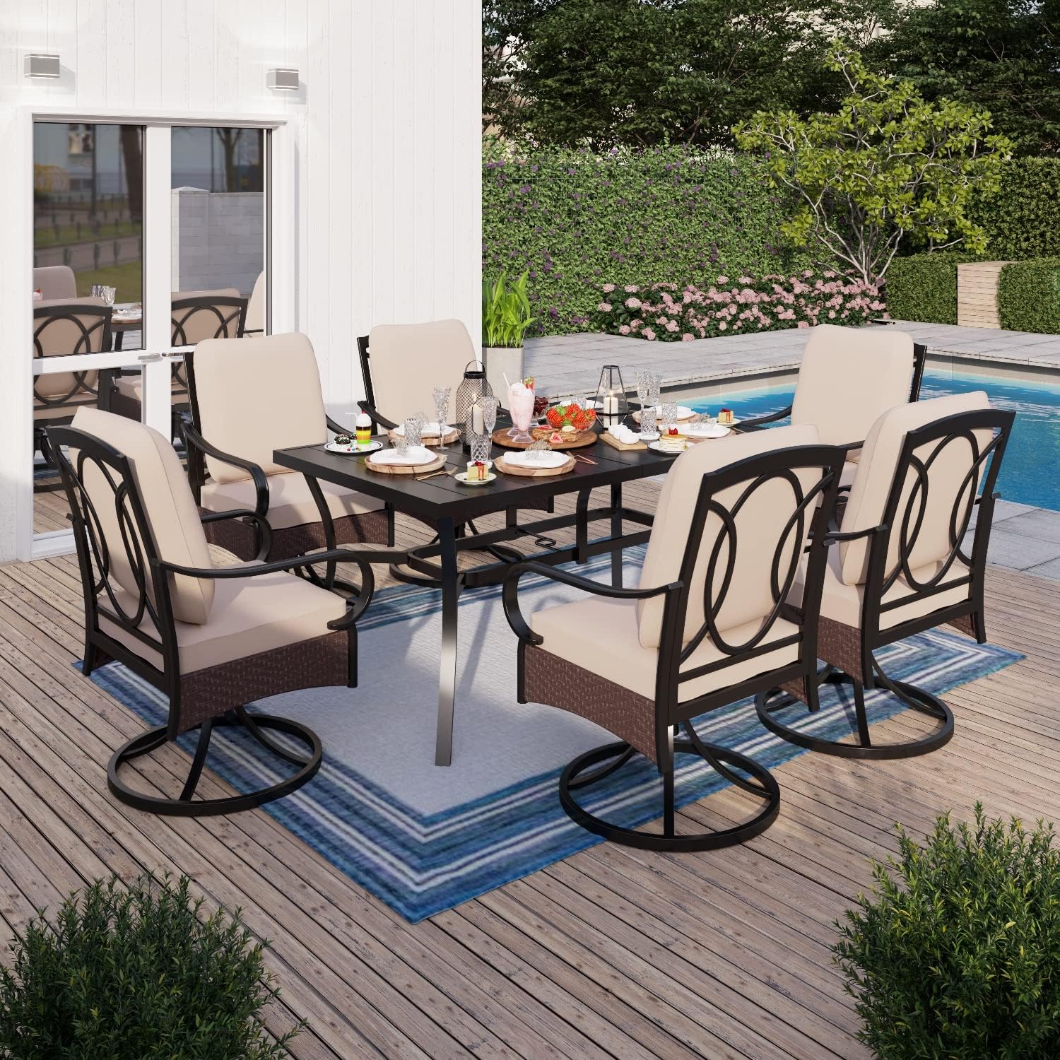 Sophia & William Patio Dining Set 7 Piece Outdoor Table Furniture Set - 6 Padded Swivel Dining Chairs and 1 Rectangular Metal Table with Umbrella Hole for Garden Deck Backyard