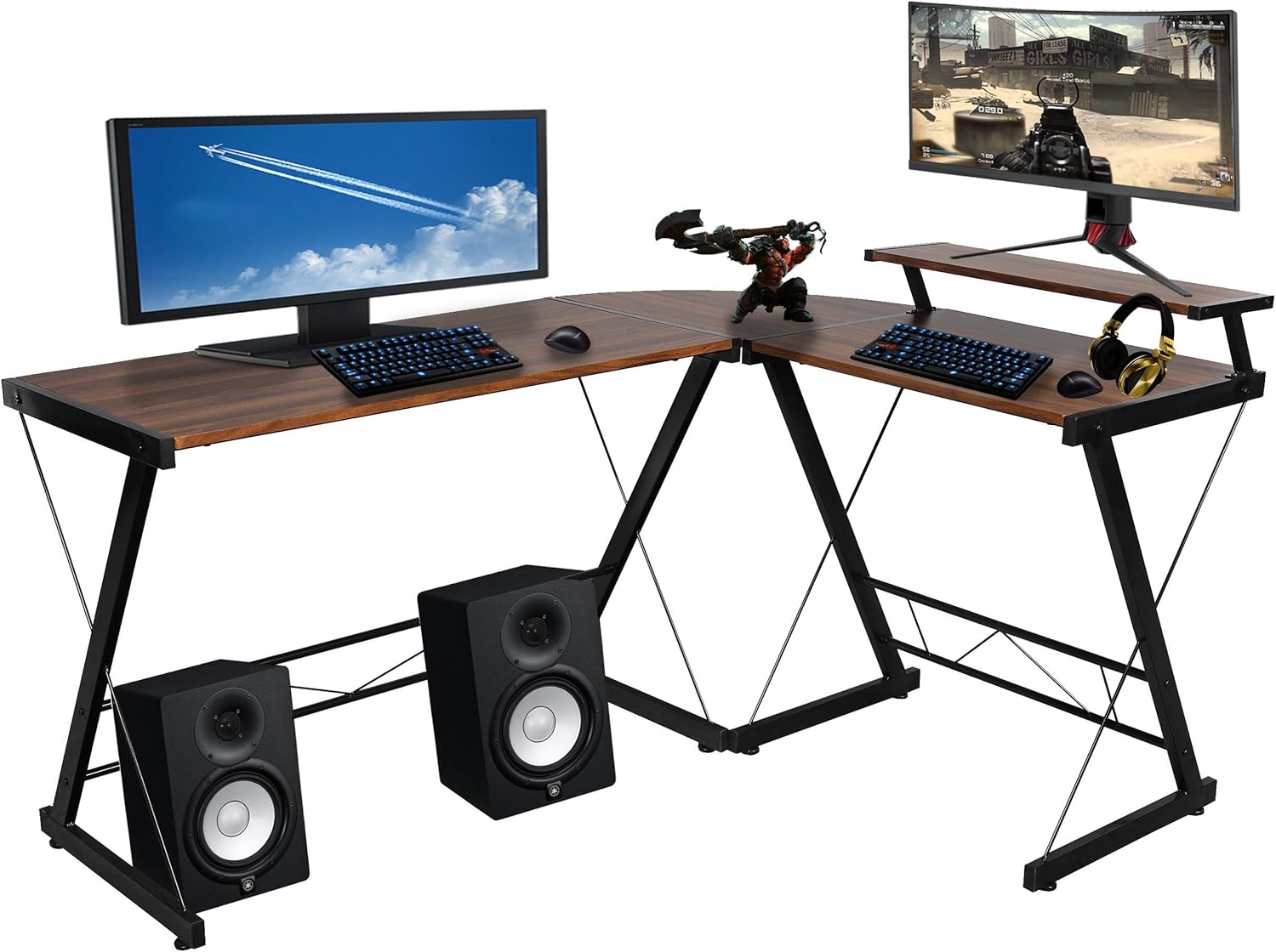 Halter L Shaped Gaming Desk, Modern Corner Desk for Small Space Home Office, Corner Computer Desk for Writing Study Work, L Desk Table with Monitor Stand Riser, Brown, 59 Inches Pack of 2