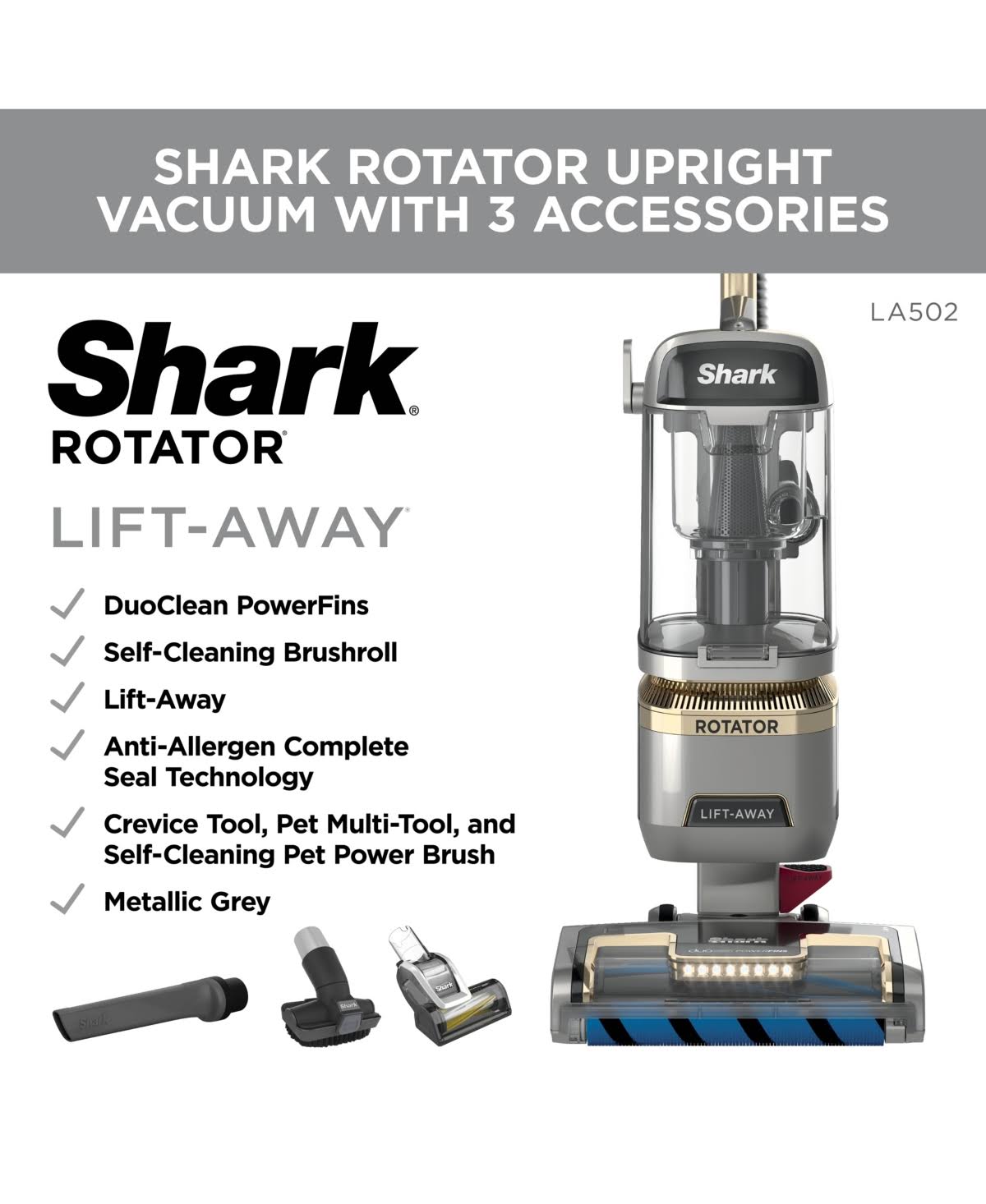 Shark Rotator Lift Away LA502 Upright Vacuum - Bagless - Foam Filter/HEPA - Metallic Gray