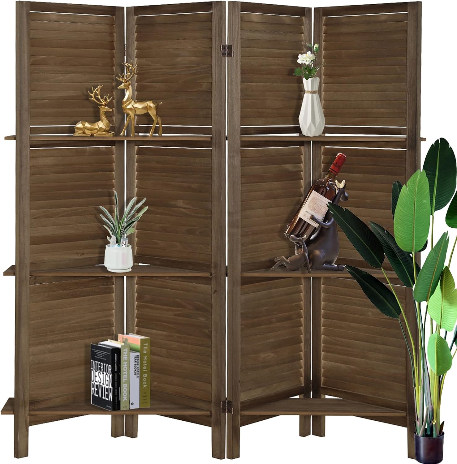 ECOMEX 4 Panel Room Divider with Shelves, Folding Partition Room Divider Wall Privacy Screen Room Dividers, 6 Ft Tall Room Divider with Removable Storage Shelves (Dark Brown)