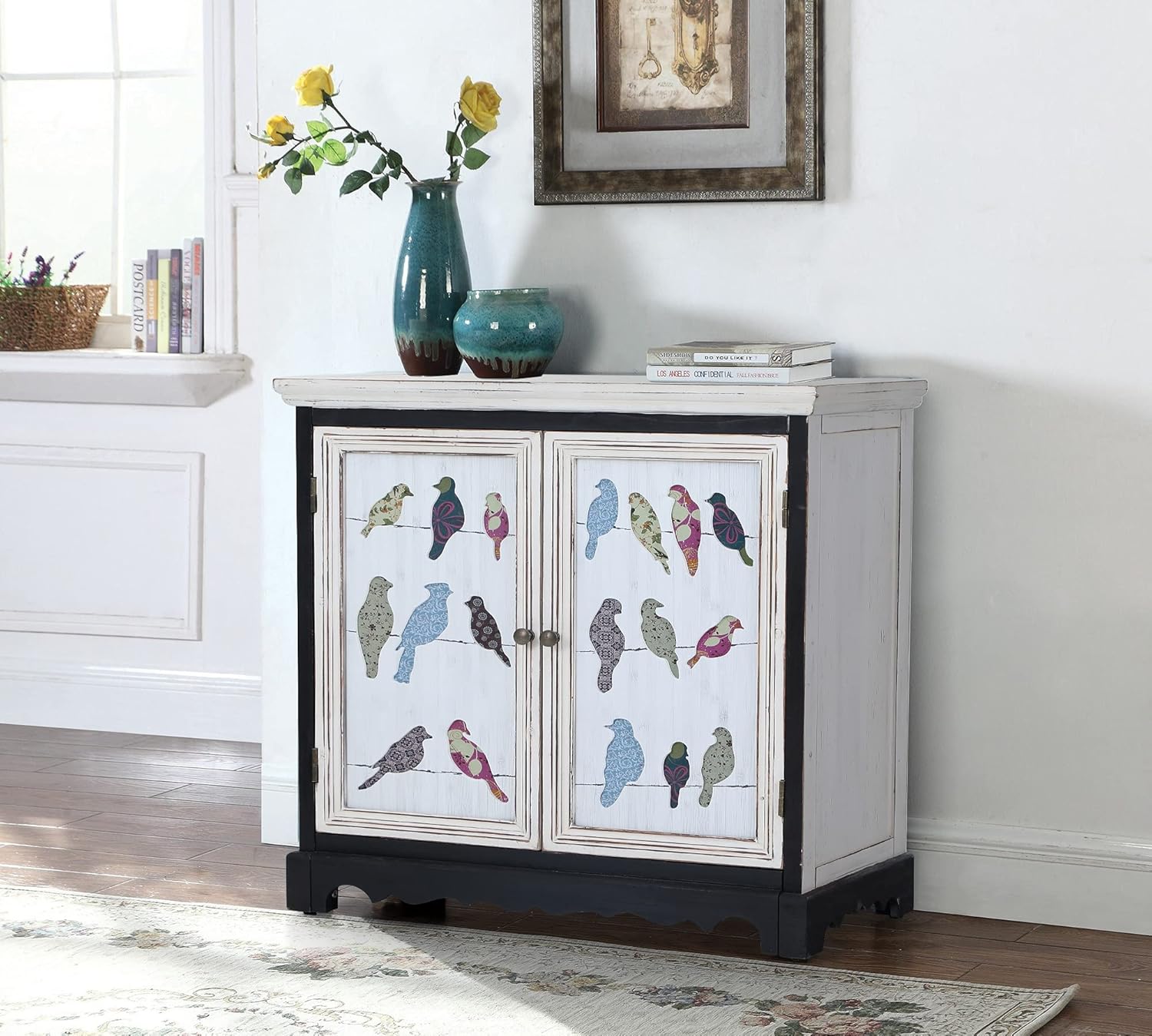 MAISON ARTS Accent Storage Cabinet with 2 Doors for Living Room Bedroom Buffet Sideboard Decorative Distressed Farmhouse Kitchen China Cabinet with Hollow Carved Doors, Hollow Carved Blue,Teal