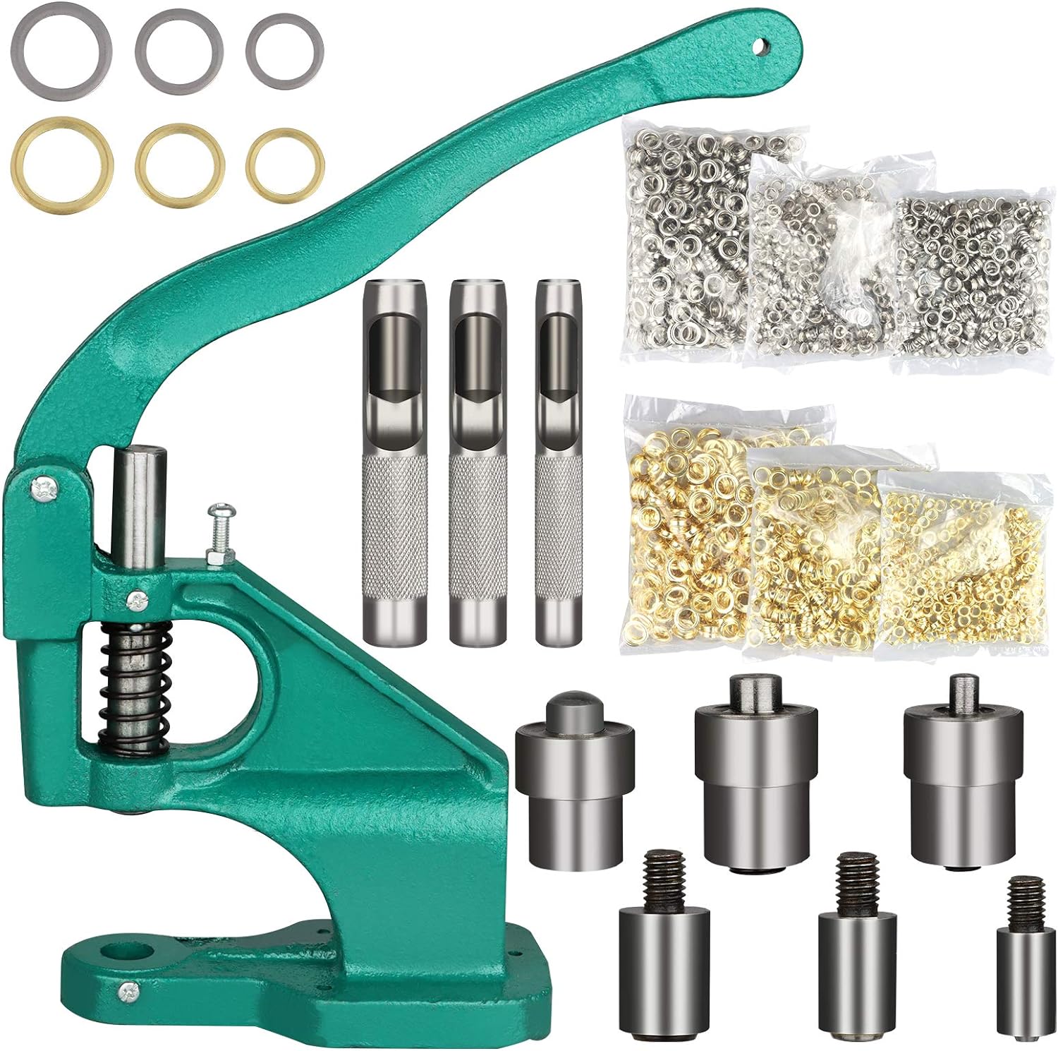 PIAOPIAONIU Hand Press Grommet Eyelet Machine Hole Punch Tool Kit Including Grommet Machine,3 Dies and 2400Pcs Golden & Sliver Grommets 3 PCS Installation Tools for Banner,Sign,Awning,Poster,Curtain