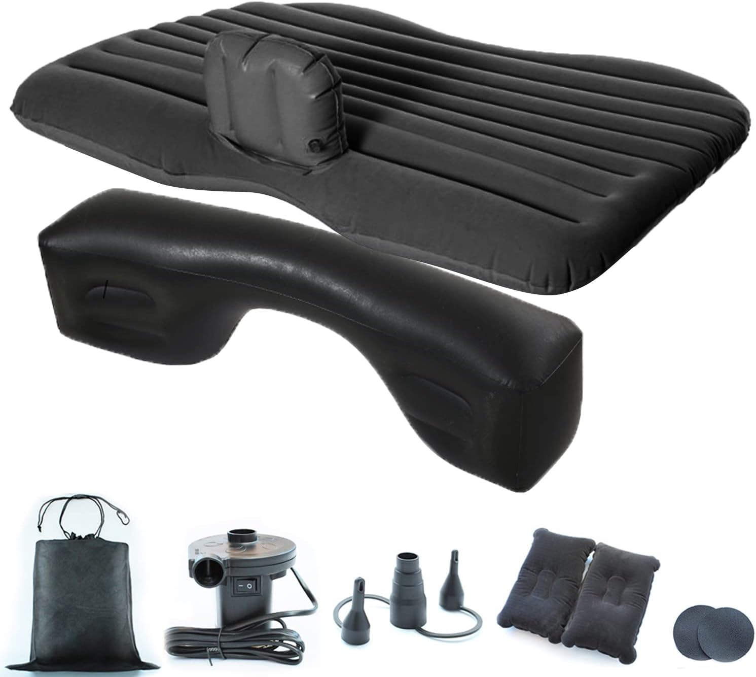 Inflatable Car Air Mattress Back Seat Air Bed Fits RV & Most Car Models, Portable for Outdoor Travel Camping, Provides 2 Air Pillows, 2 Patch & 12V Air-Pump (Black)