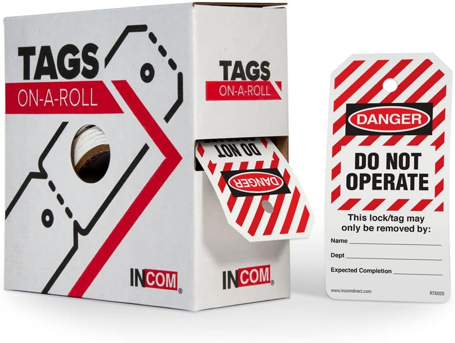 Lockout Tags On A Roll, Danger Do Not Operate (Striped) | Heavy-Duty DuraPly Stock | Waterproof and Tear-Resistant | Red/Black On White | 6.25 Inches X 3 Inches X 10 Mil Thickness (RT6025) (250)