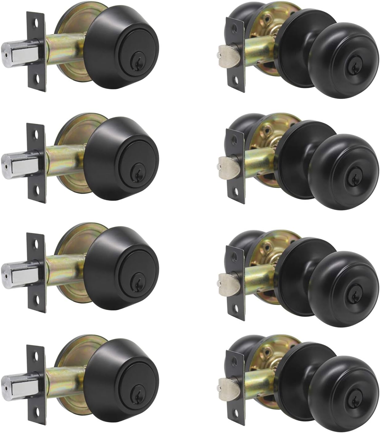 Probrico (6 Pack)Round Ball Front Door Keyed Entry Knobs and Single Cylinder Deadbolt Combo Sets, Flat Black, Keyed Alike