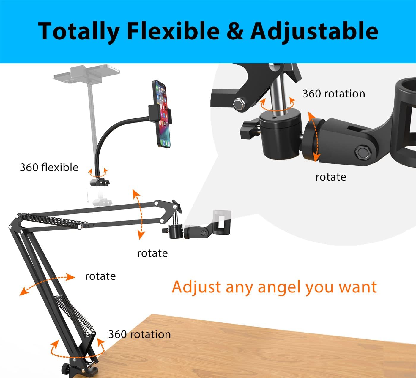 LenTok Desk Mic Stand with Gooseneck Extension Arm, Heavy Duty Microphone Boom Arm with Phone Holder Compatible with Blue Yeti Snowball Rode Hyperx Quadcast Mic Pack of 2