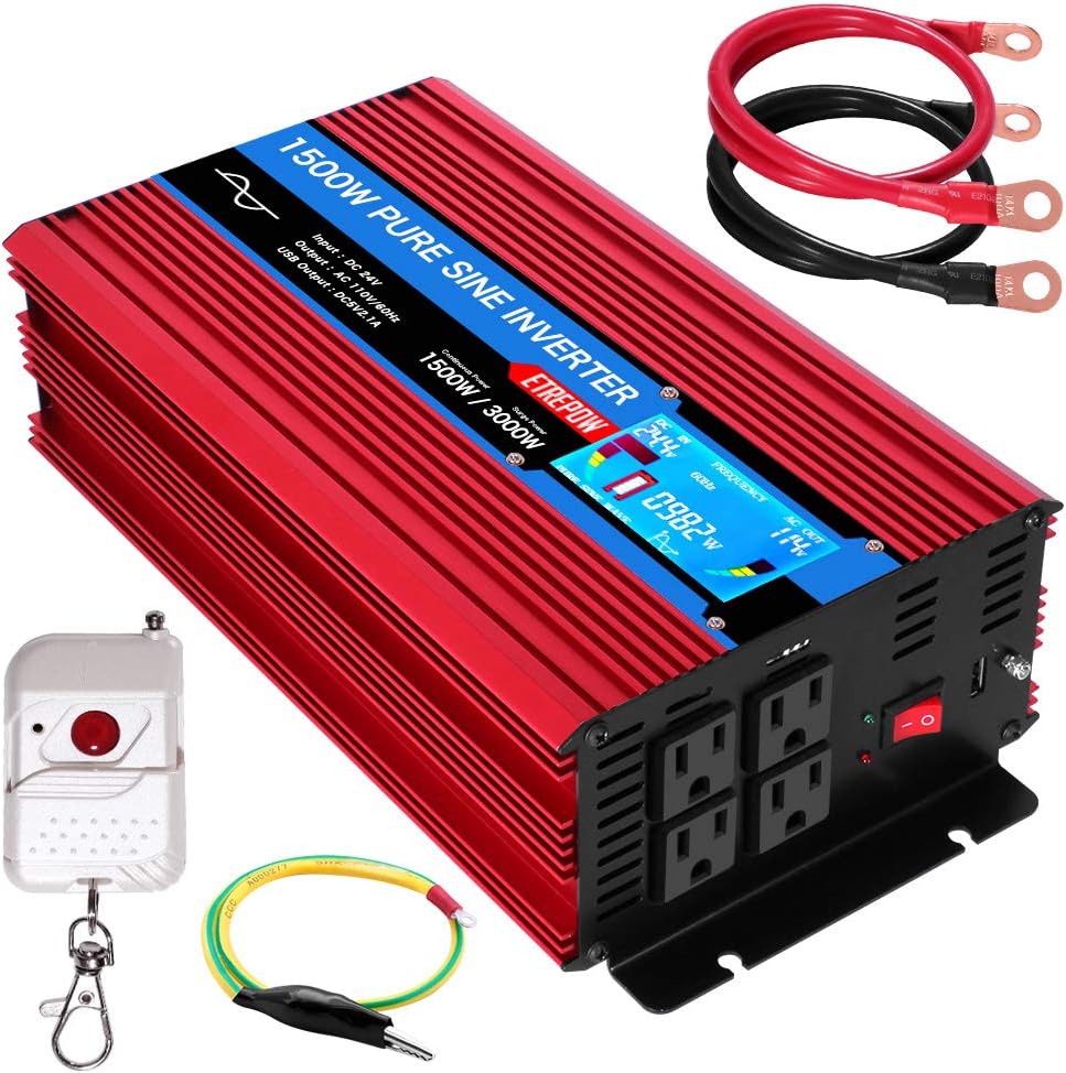 EETREPOW 1500 Watt Pure Sine Wave Inverter 24V to 110V 120V with LCD Display, 4 AC Sockets, 2.1A USB Port, Dual Fans and Wireless Remote Control - Off-Grid Inverter for RV, Automotive 3000W Peak