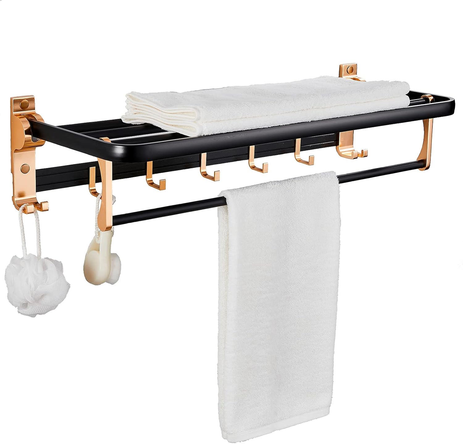 Bathroom Lavatory Towel Rack Towel Shelf with Bar and 5 Movable Hook ,24-Inch Aluminium Gold and Black