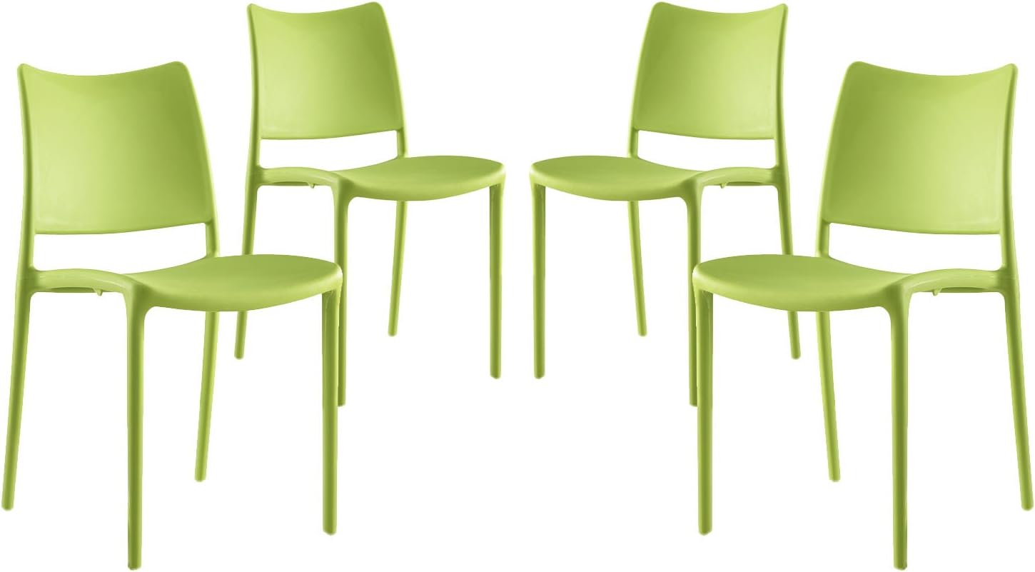 Modway Hipster Contemporary Modern Molded Plastic Stacking Four Dining Chairs in Green