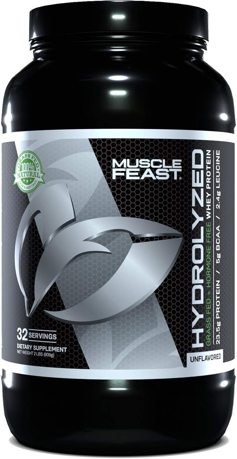Muscle Feast Grass-Fed Hydrolyzed Whey Protein Powder, All Natural Hormone-Free, Unflavored, 2lb Pack of 2
