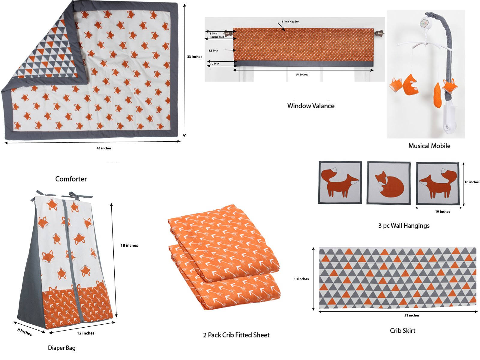 Bacati Playful Foxs 10 Piece Crib Set Without Bumper Pad Orange Grey