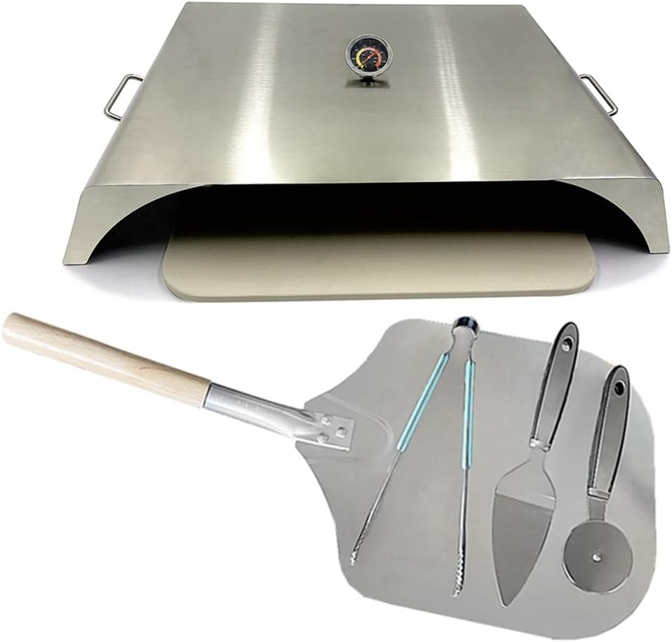Universal Stainless Steel Grill Top Pizza Oven Kit with Pizza Stone Pizza Peel Pizza Cutter Pizza Shovel for Most Gas Grills Flat Top Grills Griddles Firepit- Set of 7 Pizza Baking Pizza Accessories