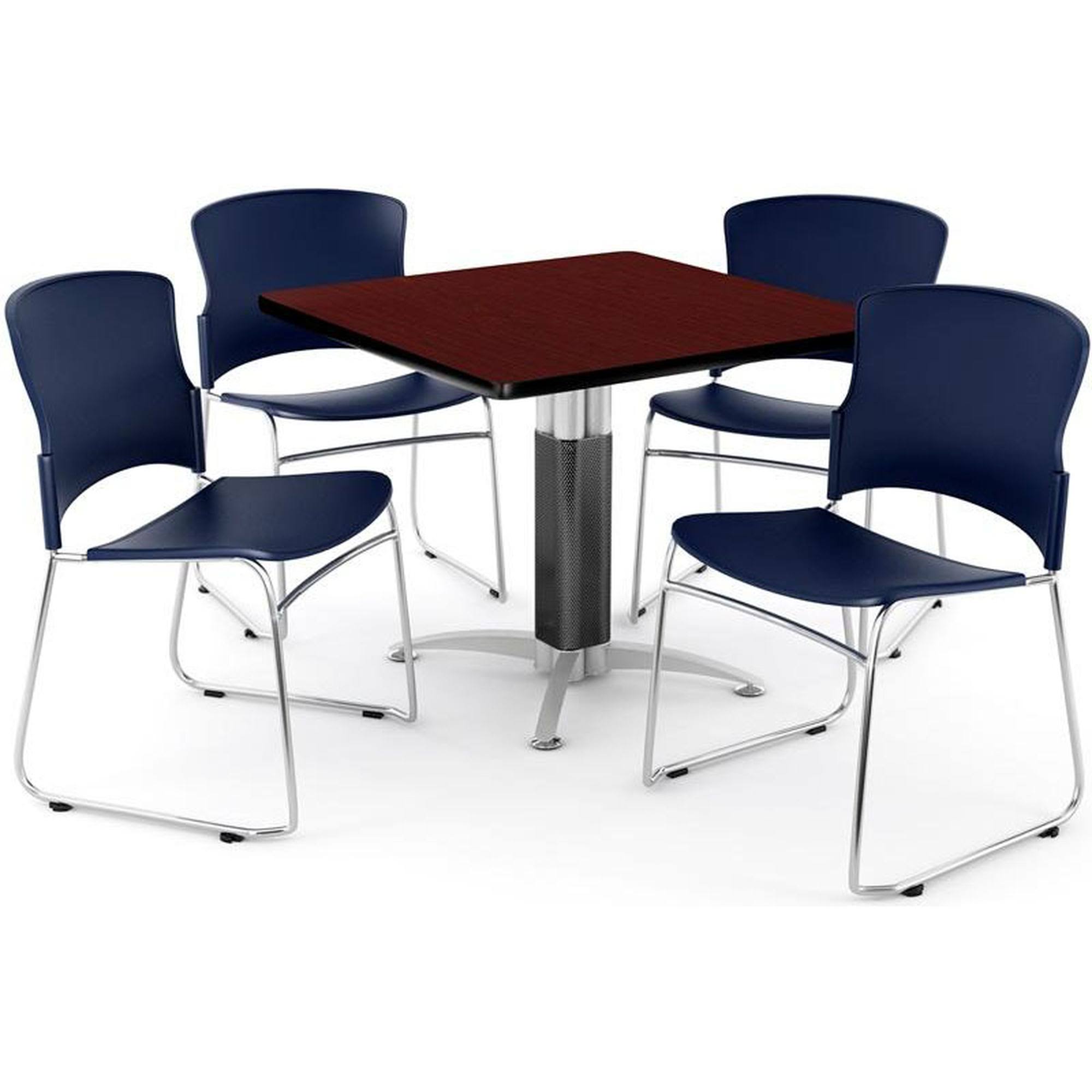 Ofm Breakroom Package, 42x22 Square Mesh Base Multipurpose Mahogany Table with Four Navy Plastic Multi-Use Stack Chairs