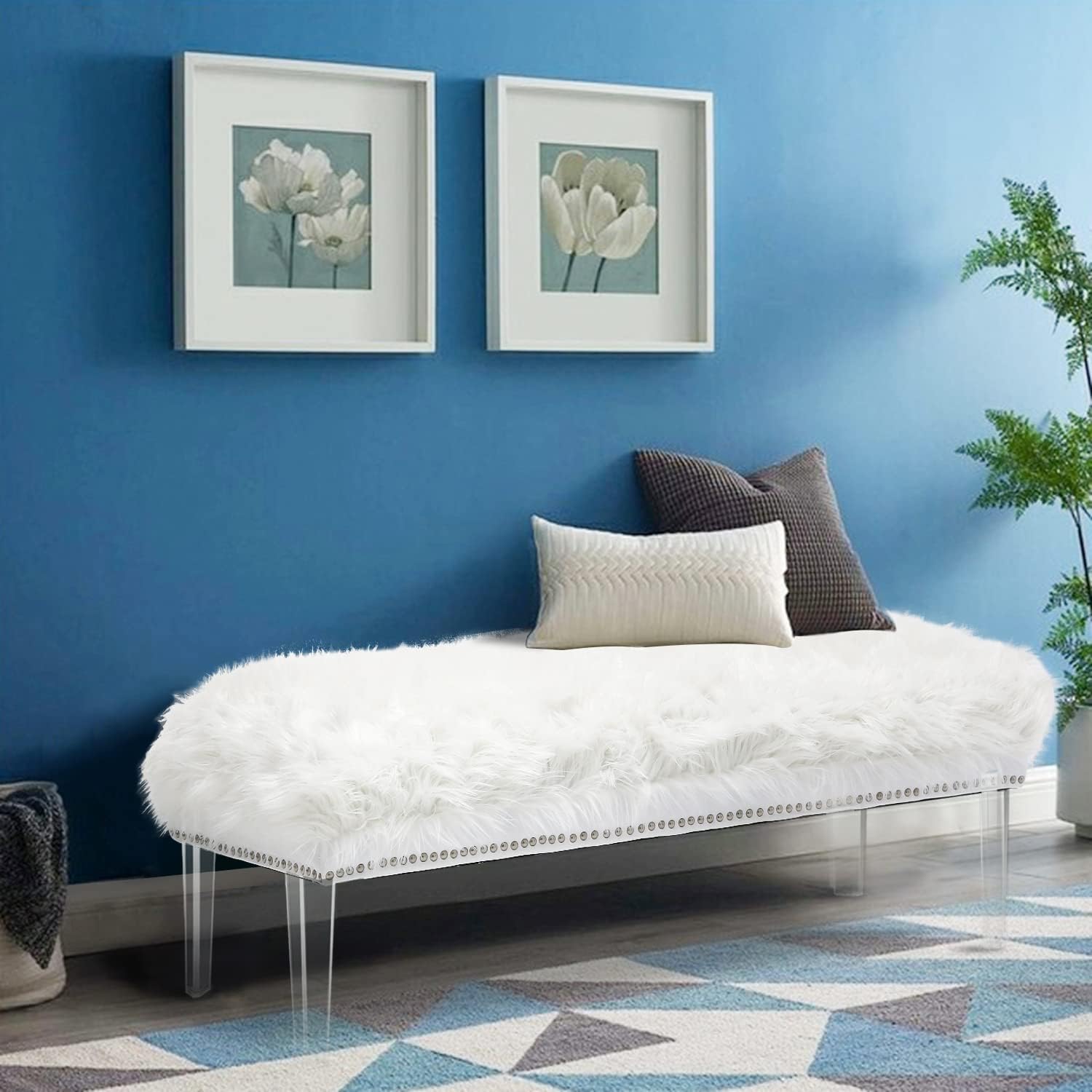 White Faux Fur Ottoman Bench for Bedroom, Rectangular Plush Foot Stool with Acrylic Legs