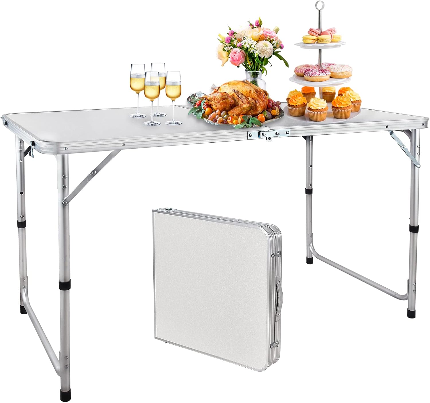AOSION-4 FT Folding Table,Aluminum Folding Camping Table,Portable Plastic Picnic Table with Handle, Adjustable Height Table for Party, Camping,BBQ,White Pack of 2
