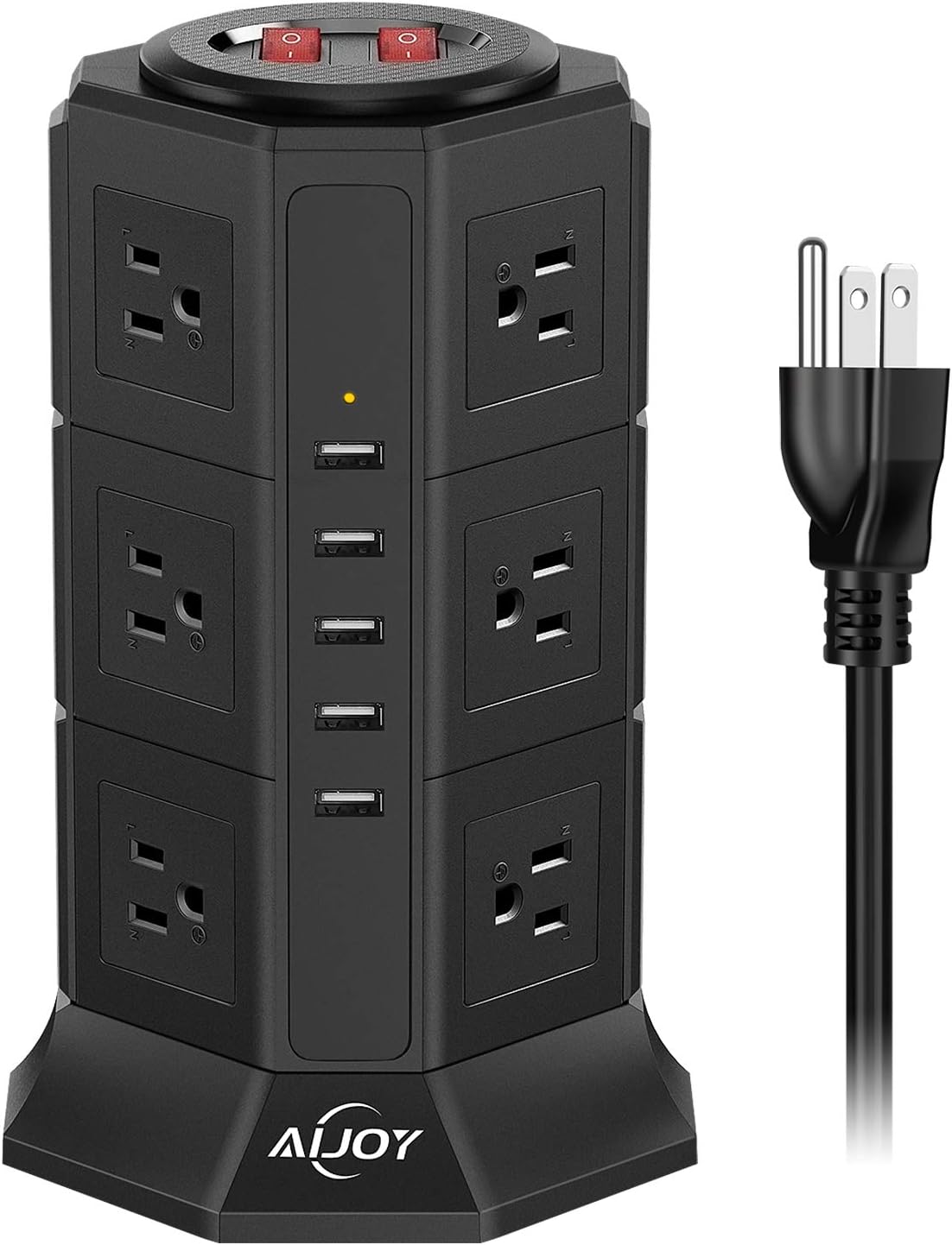 Power Strip Tower Extension Cord 10 FT, 1050J Surge Protector Charging Station with 12 AC Outlets 5 USB Ports for Home Office Use - Black Pack of 2