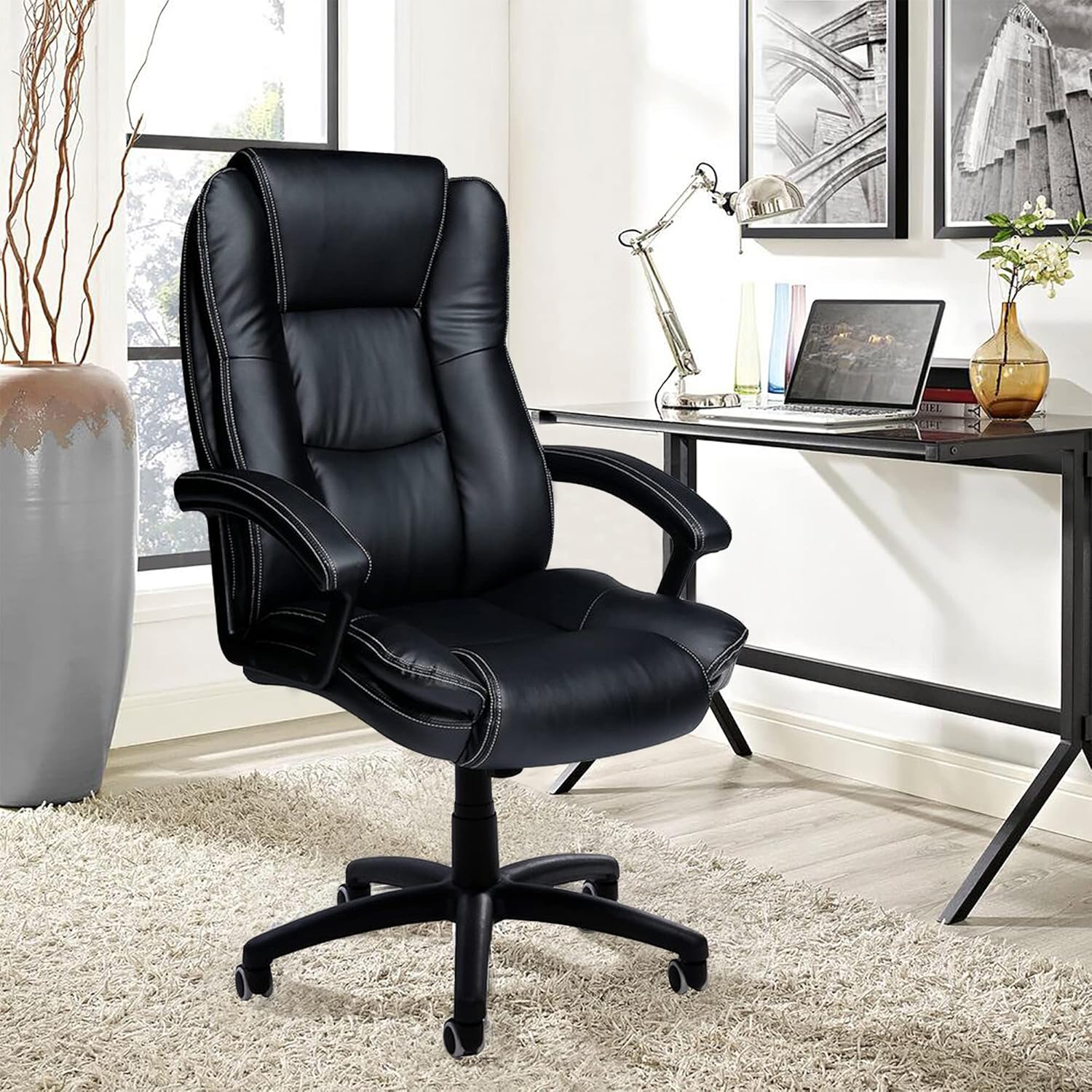 HZLAGM Big and Tall Office Chair, 100% PU Leather, High Back Support Office Chair, Executive Office Chair with Head and Lumbar Support.