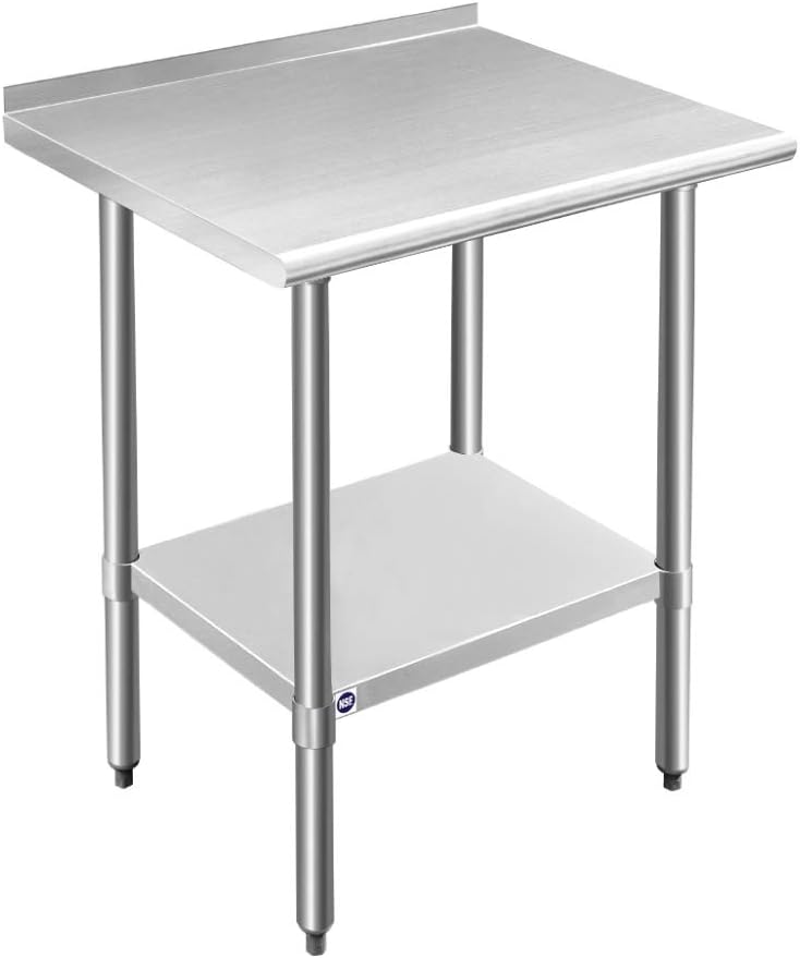 ROCKPOINT Stainless Steel Table for Prep & Work with Backsplash 60x24 Inches, NSF Metal Commercial Kitchen Table with Adjustable Under Shelf and Table Foot for Restaurant, Home and Hotel