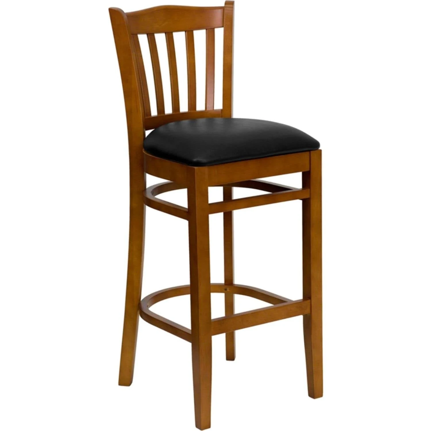 Offex Hercules Series Cherry Finished Vertical Slat Back Wooden Restaurant Bar Stool - Black Vinyl Seat