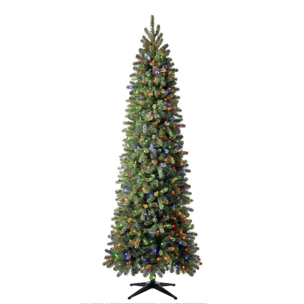 Home Accents Holiday 9 ft Manchester White Spruce LED Pre-Lit Slim Artificial Christmas Tree with 500 SureBright Color-Changing