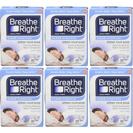 6 Pack Breathe Right Nasal Strips for Sensitive Skin - 30 Large Clear Strips ea