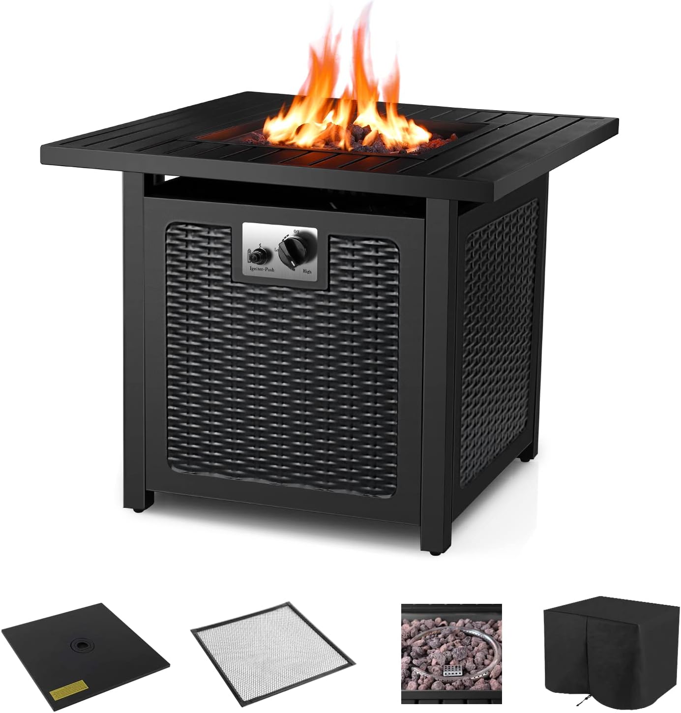 Outdoor Propane Firepit Table, 30Inch, 50,000 BTU Auto-Ignition Square Fireplace with Waterproof Table Cover, Lid and Lava Stone, CSA, for Patio and Garden
