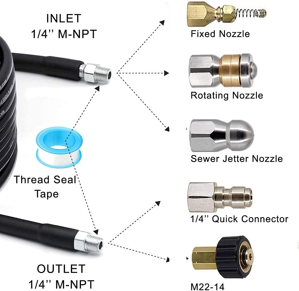 N++A 100FT Sewer Jetter Kit for Pressure Washer,Sewer Jetter Nozzles Kit,Drain Cleaning Hose, Rotating and Button Nose Sewer Jetting Nozzle,1/4 Inch NPT,5800 PSI(SH) Pack of 2