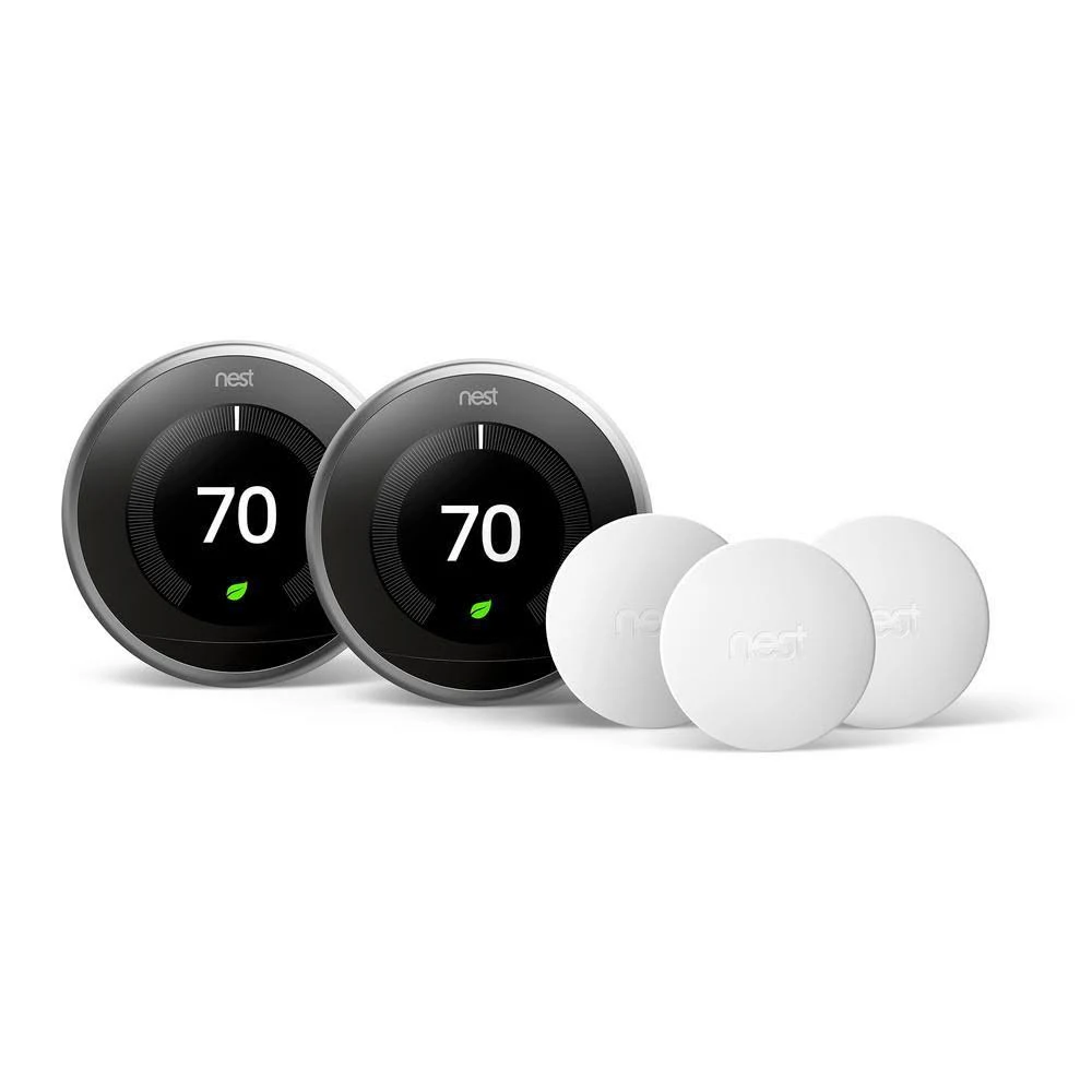 Nest Learning Thermostat 3rd Gen in Stainless Steel (2-Pack) and Google Nest Temperature Sensor (3-Pack)