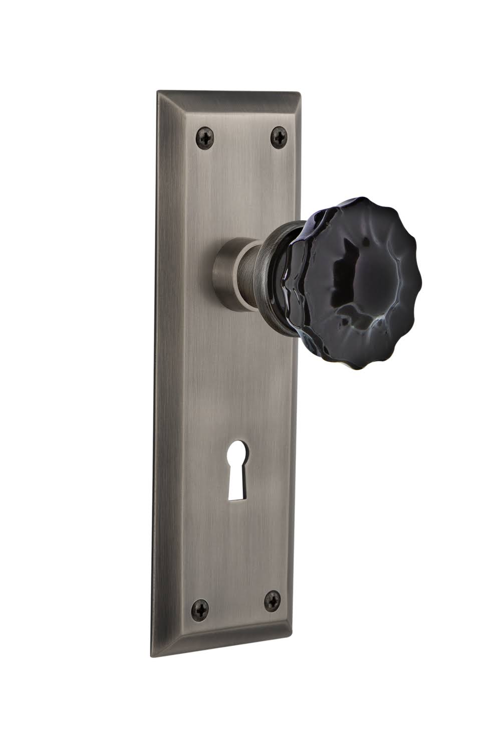 Nostalgic Warehouse - Privacy - New York Plate with Keyhole Crystal Black Glass Door Knob in Antique Pewter - 727410