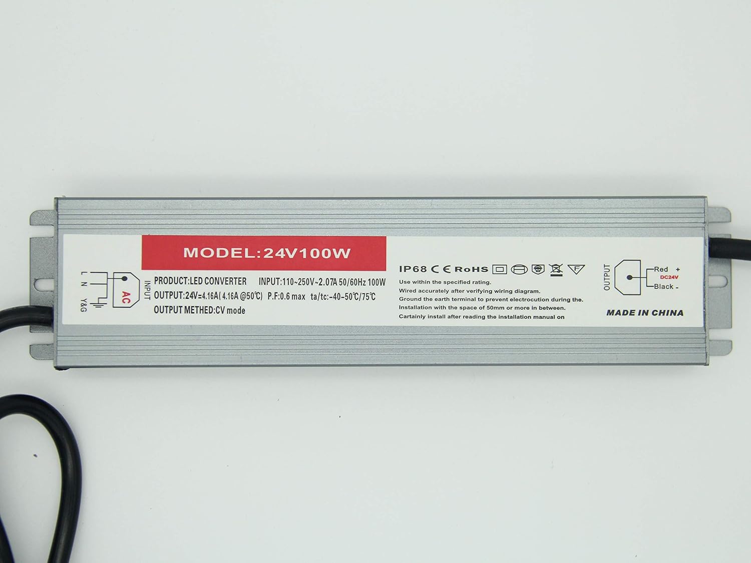 RSN LED 100W LED Driver, Waterproof IP68 Transformer, 110V-265V AC to 24V DC Low Voltage Output for LED Light, LED Power Supply Adapter 3.9 Feet Cable with US Standard 3-hole Plug