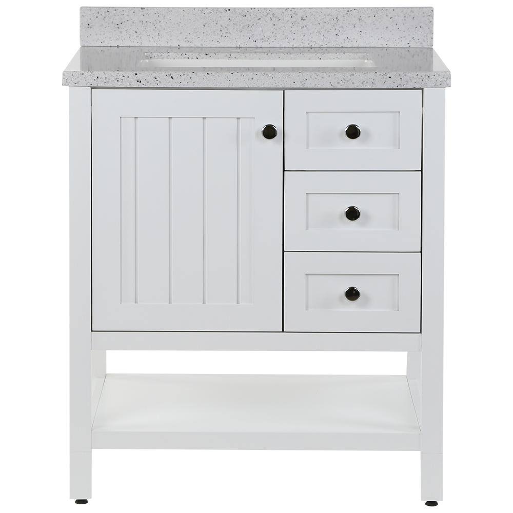 Home Decorators Collection Lanceton 31 in. W x 22 in. D Bath Vanity in White with Solid Surface Vanity Top in Silver Ash with Wh